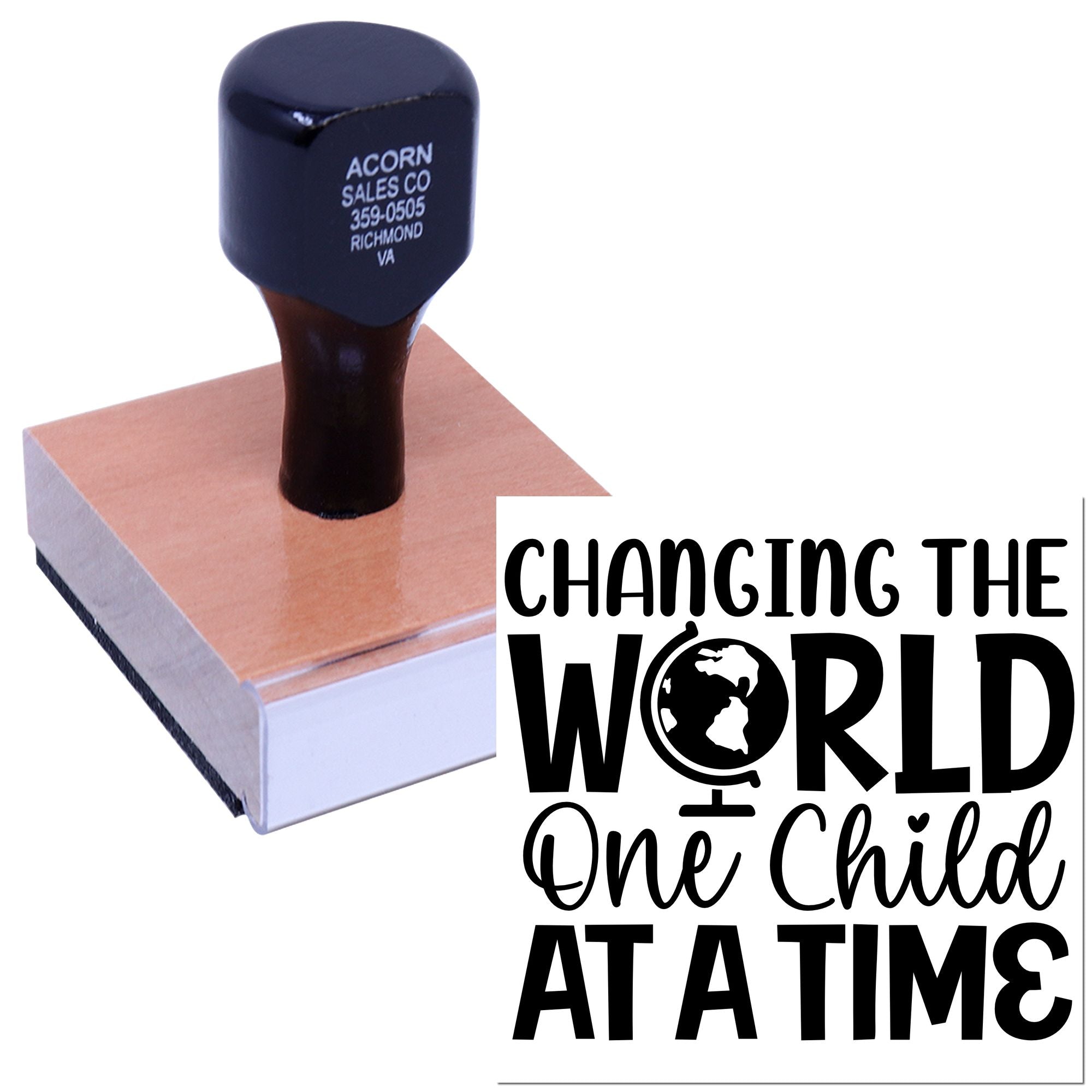Self-inking custom rubber stamp with Changing the World One Child at a Time slogan for child advocacy branding.