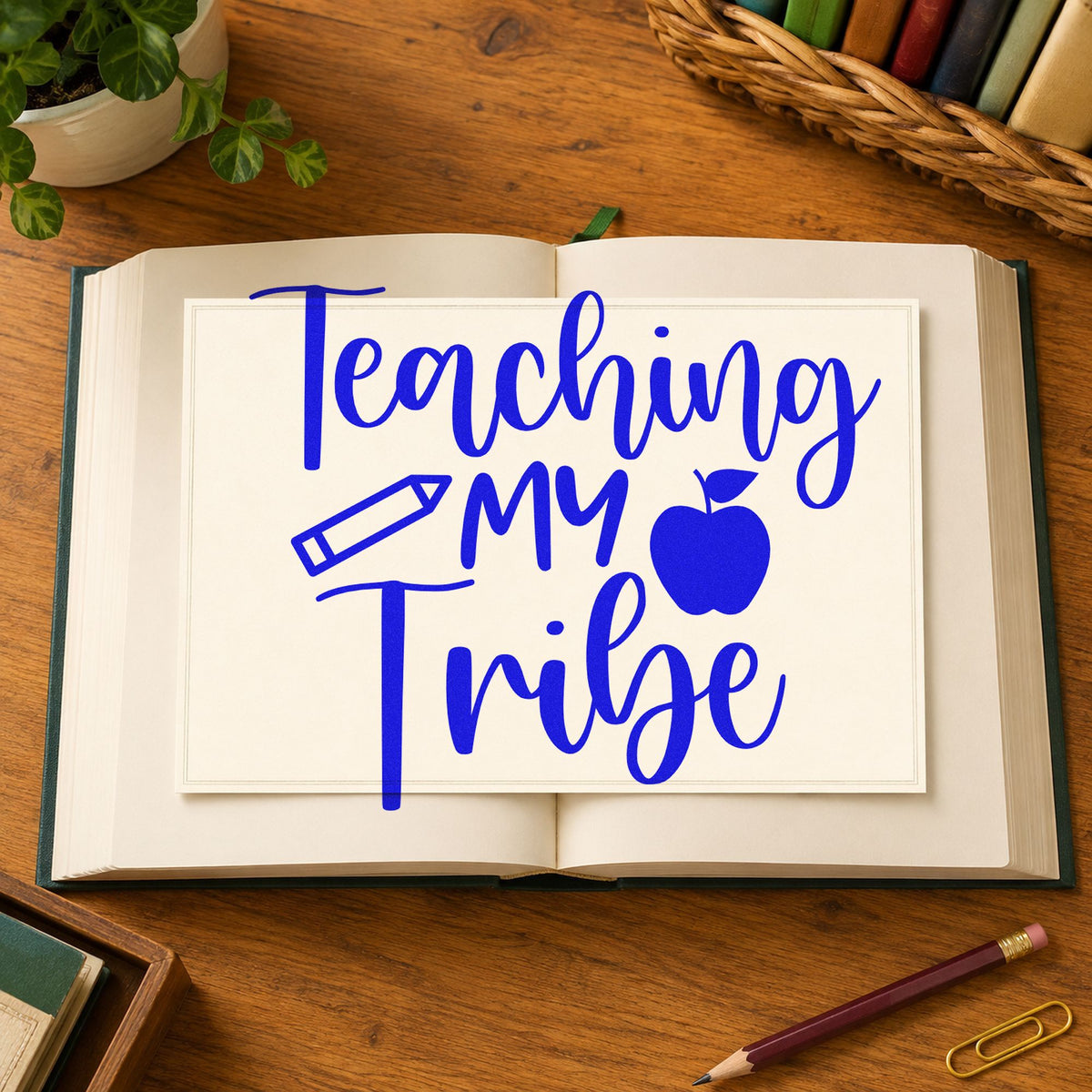 Teaching My Tribe Icons craft stamp in blue ink on cardstock, an easy option for hoodie sleeve panels.