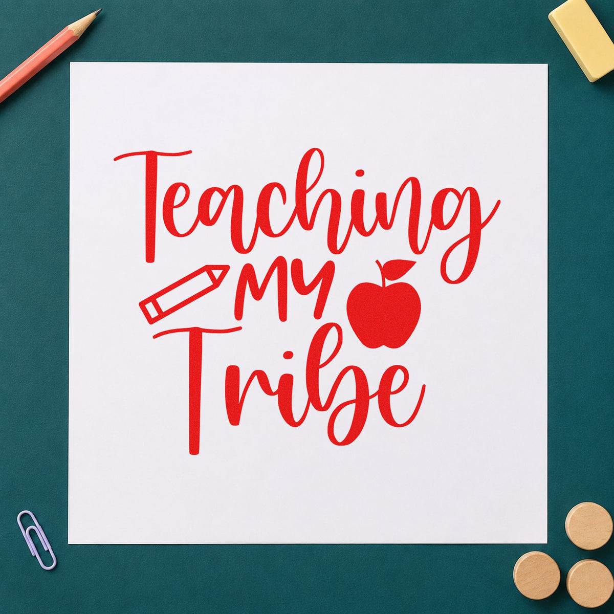 Teaching My Tribe Icons rubber stamp shown in red ink, stamped for projects such as tutor time notes.