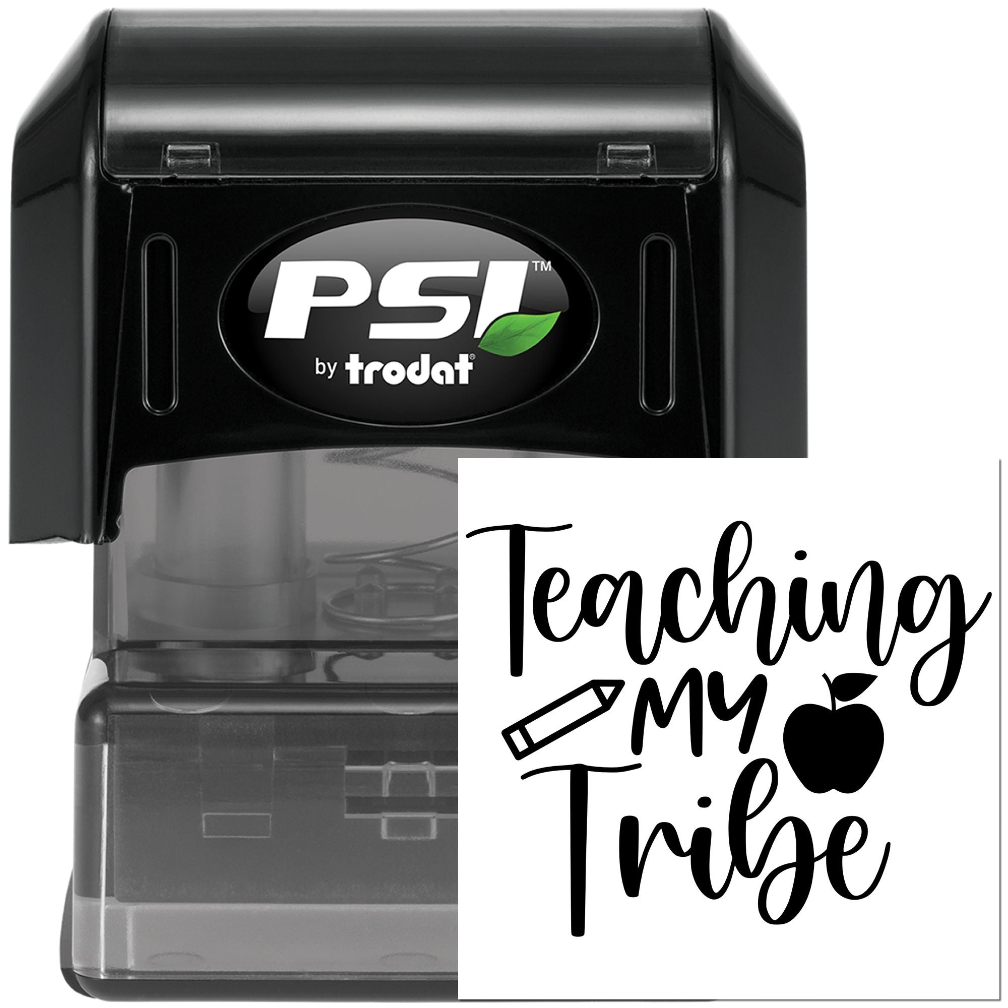 Teaching My Tribe self-inking rubber stamp by PSI Trodat, custom teacher stamp with pencil and apple design.