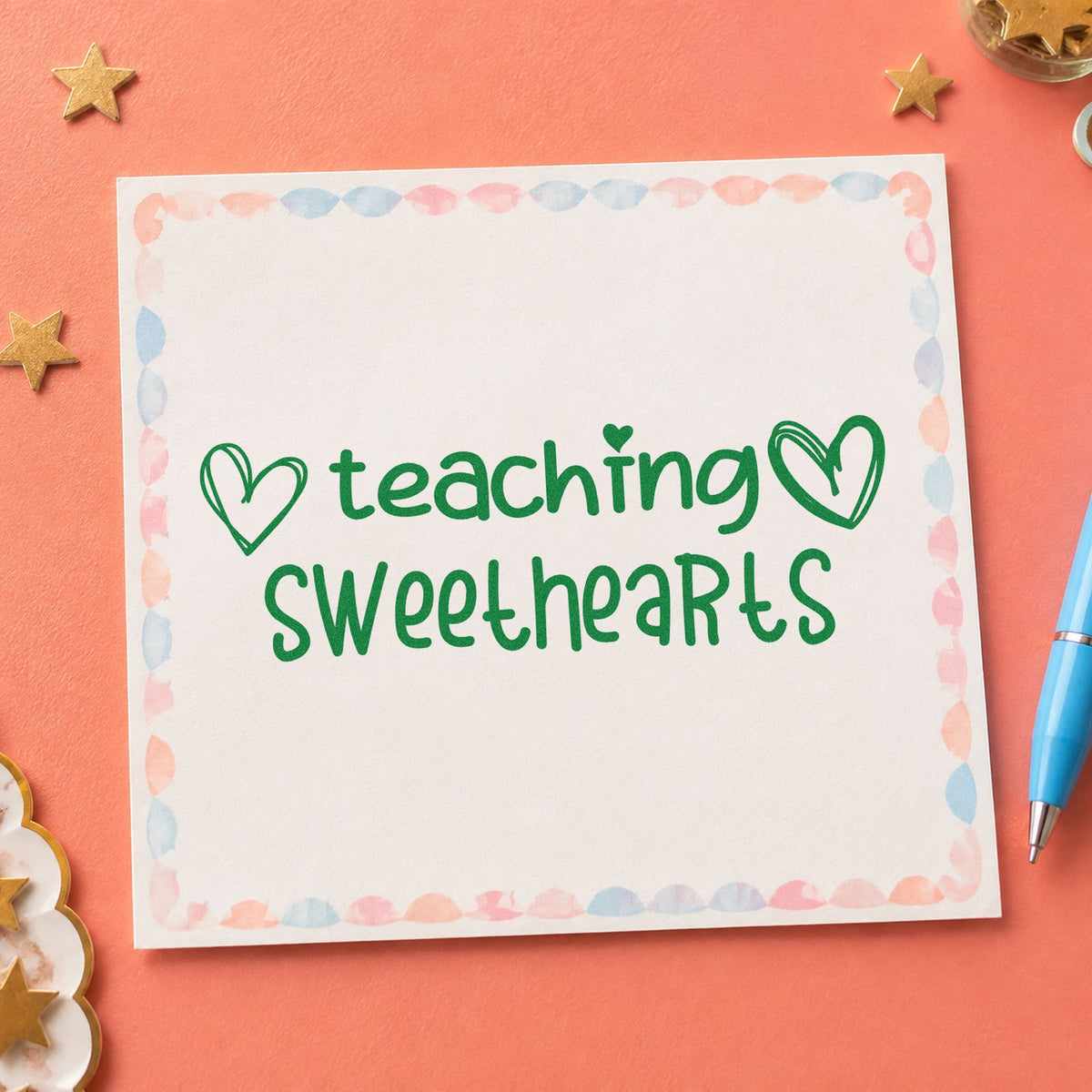 Teaching Sweethearts With Hearts craft stamp imprint in green ink on a handmade project, one idea being friendship pages.