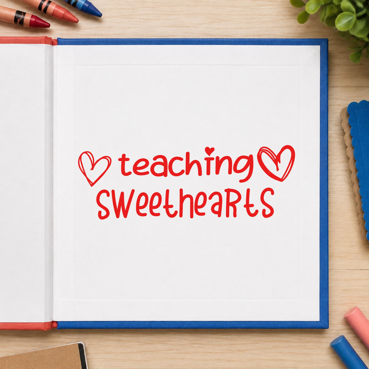 Teaching Sweethearts With Hearts rubber stamp shown in red ink, stamped for projects such as kindness day notes.
