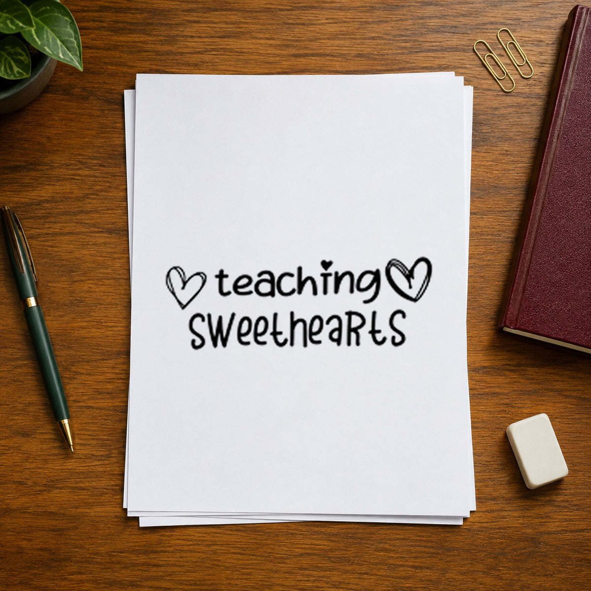 Teaching Sweethearts With Hearts rubber stamp printed in black ink, ready for sketched hearts cards and similar paper crafts.