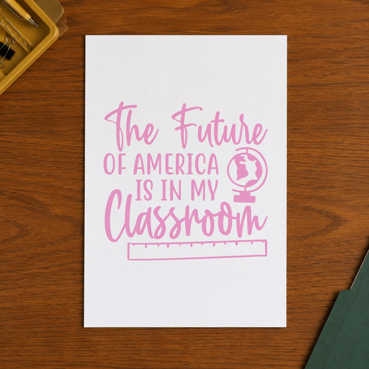 Future America My Classroom craft stamp in purple ink on cardstock, an easy option for election unit tags.