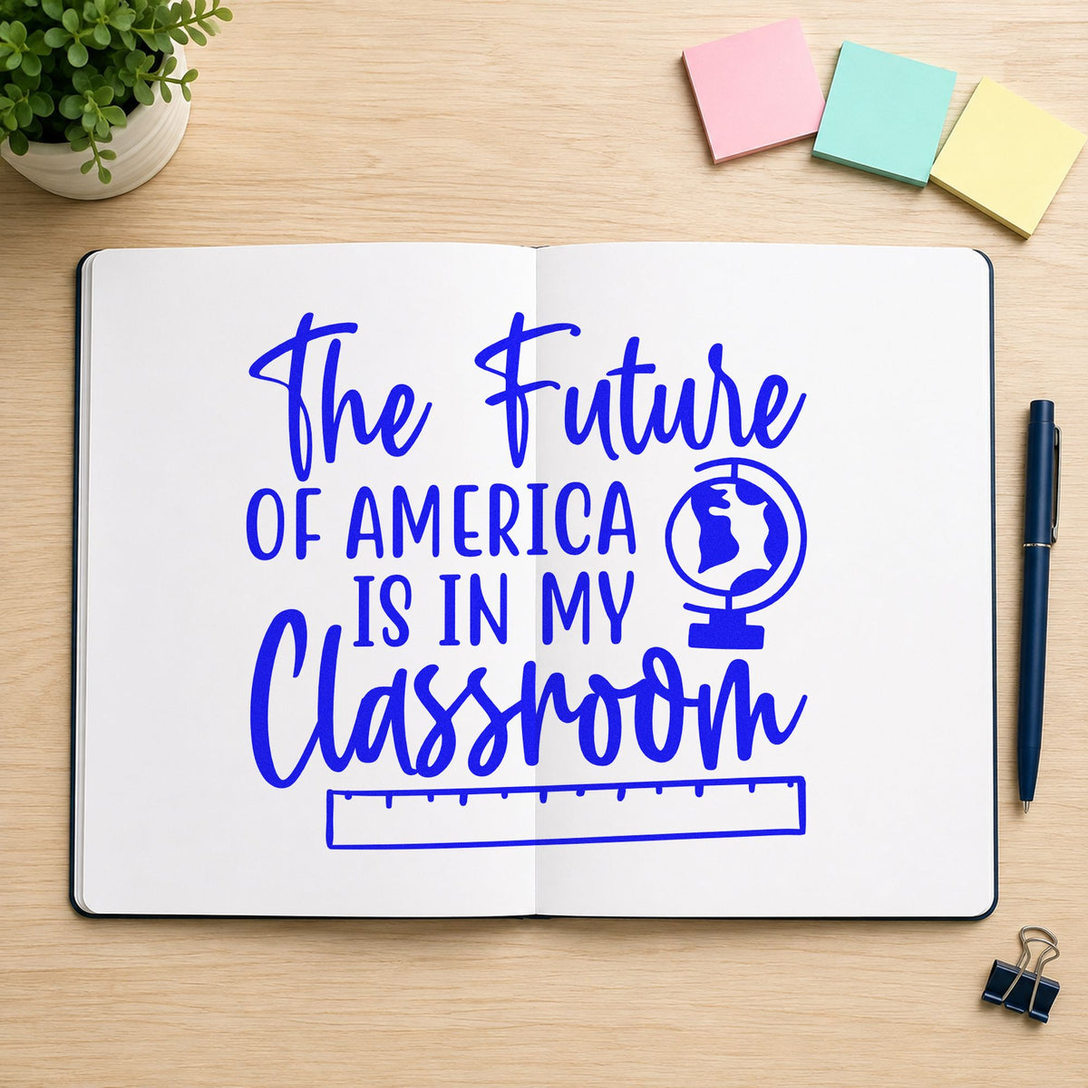Future America My Classroom craft stamp in blue ink on cardstock, an easy option for sash band panels.