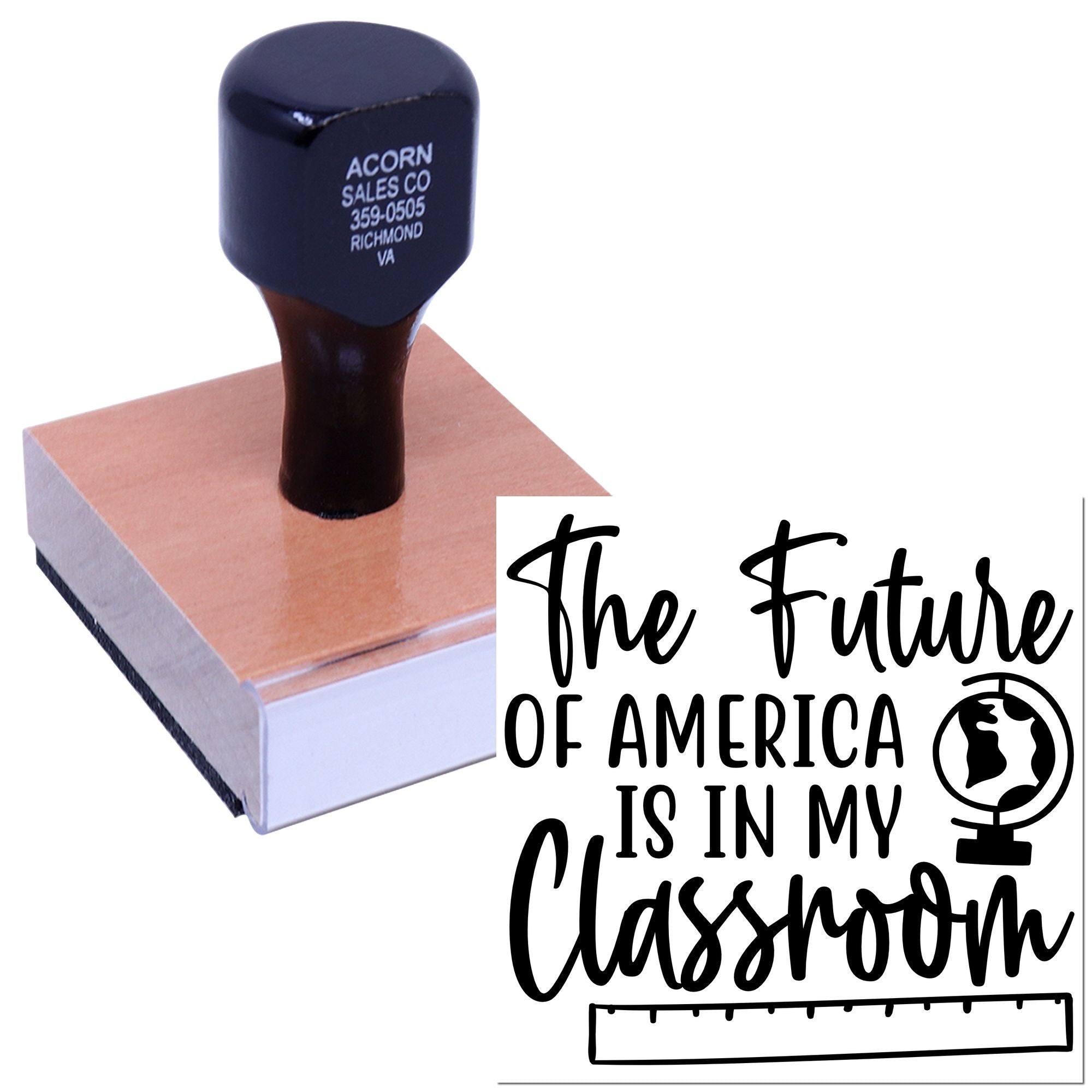Custom rubber stamp with The Future of America Is in My Classroom design, ideal for teacher messaging and classroom use.