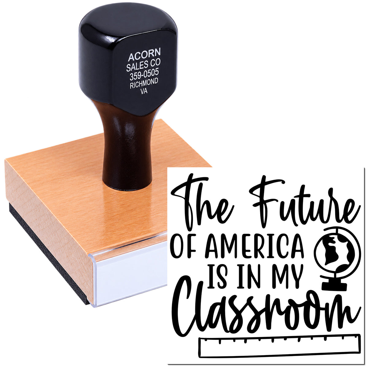Custom rubber stamp with The Future of America Is in My Classroom design, ideal for teacher messaging and classroom use.