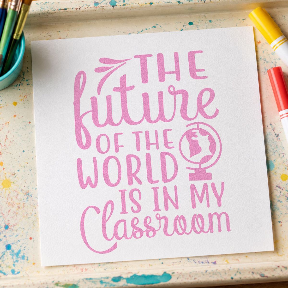 Future World My Classroom craft stamp in purple ink on cardstock, an easy option for culture day tags.