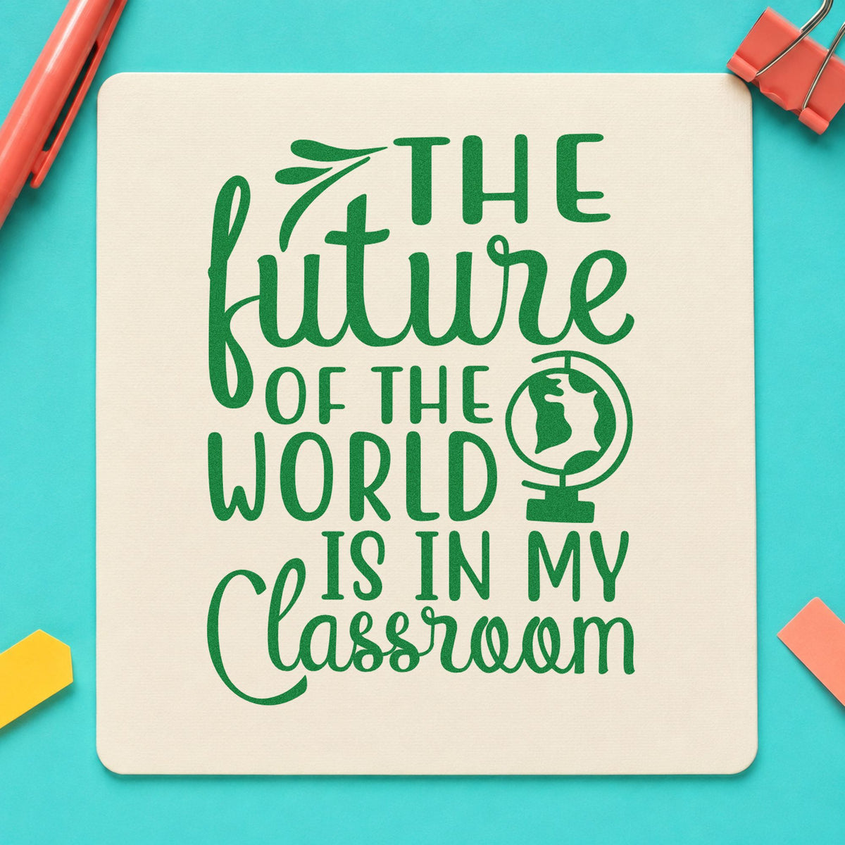 Future World My Classroom craft stamp imprint in green ink on a handmade project, one idea being atlas study pages.