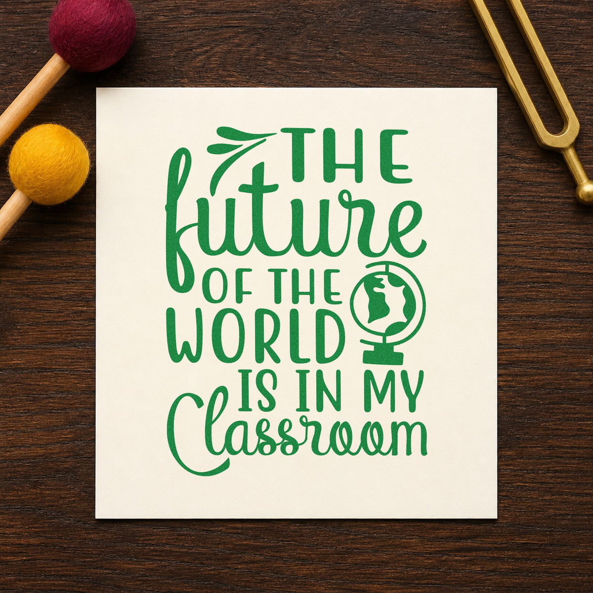 Future World My Classroom craft stamp imprint in green ink on a handmade project, one idea being framed global wall.