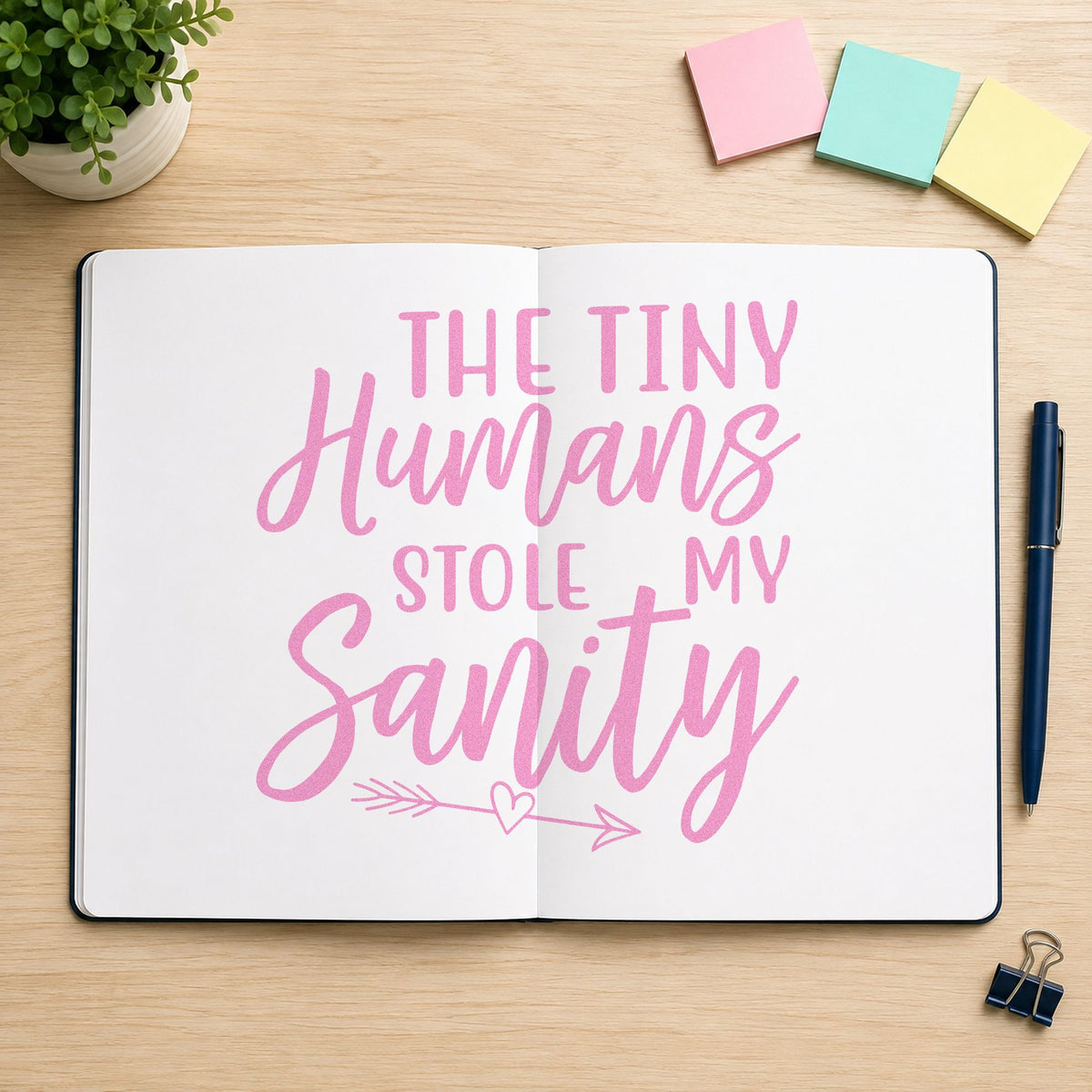 Tiny Humans Stole Sanity craft stamp in purple ink on cardstock, an easy option for survival kit tags.