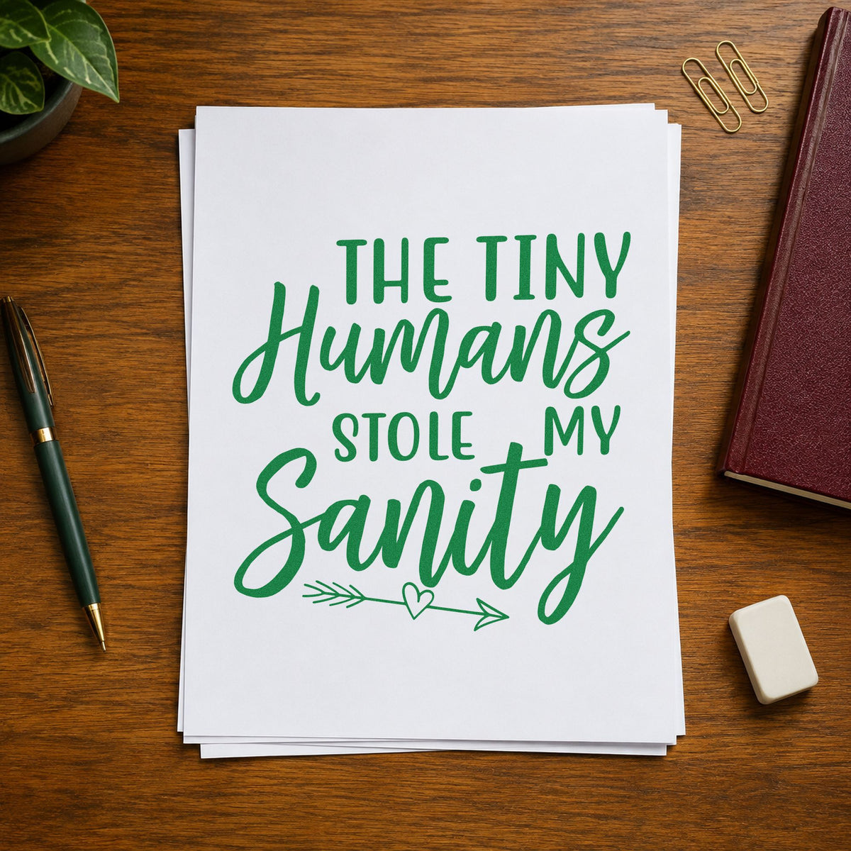 Tiny Humans Stole Sanity craft stamp imprint in green ink on a handmade project, one idea being incident log pages.