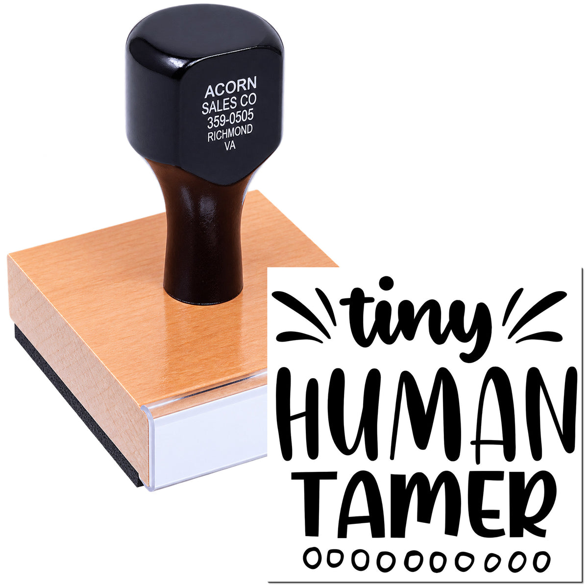 Custom rubber stamp with Tiny Human Tamer design, shown on ink pad for teachers, parents, and classroom use.