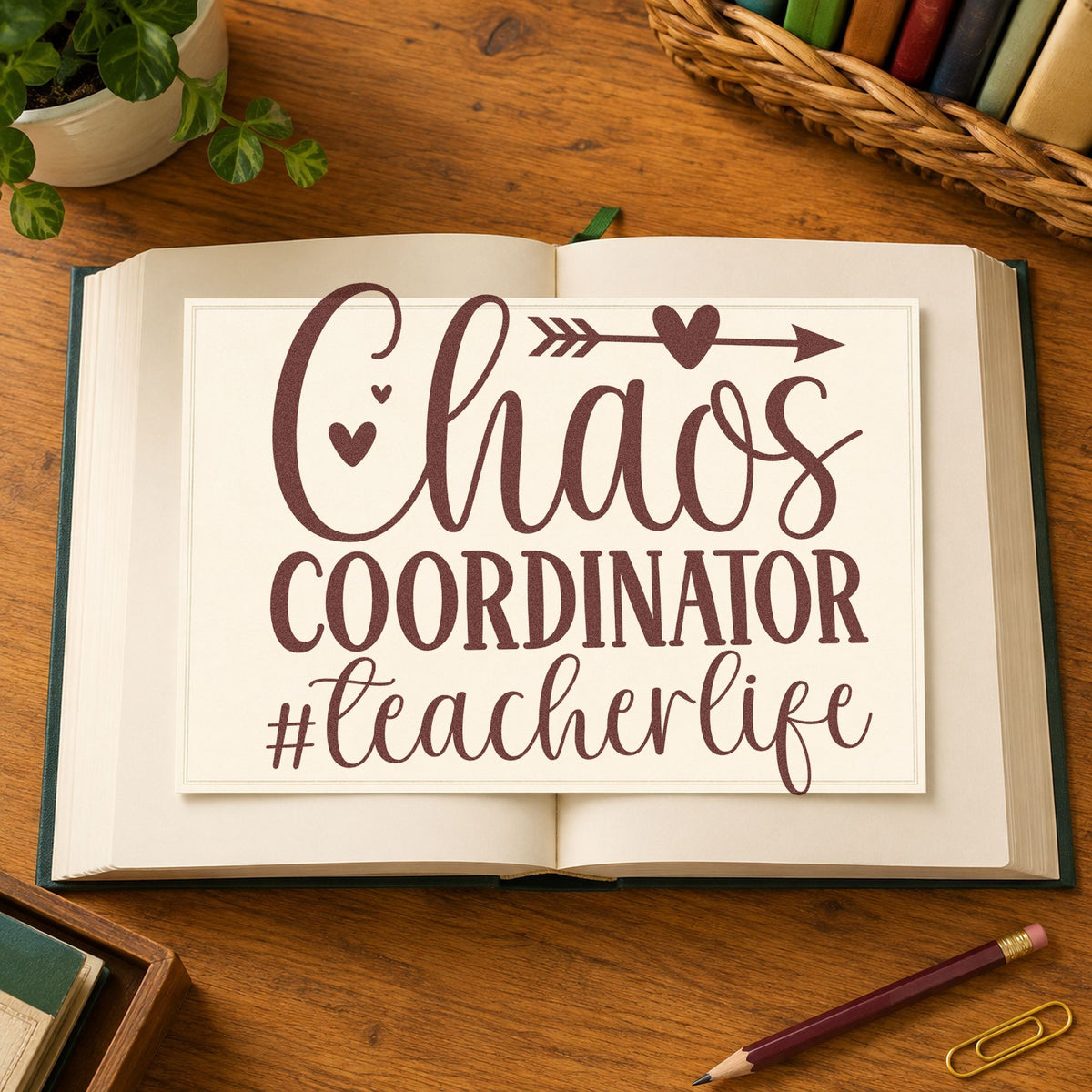 Chaos Coordinator Teacher Life rubber stamp printed in brown ink, ready for lost property labels and similar paper crafts.