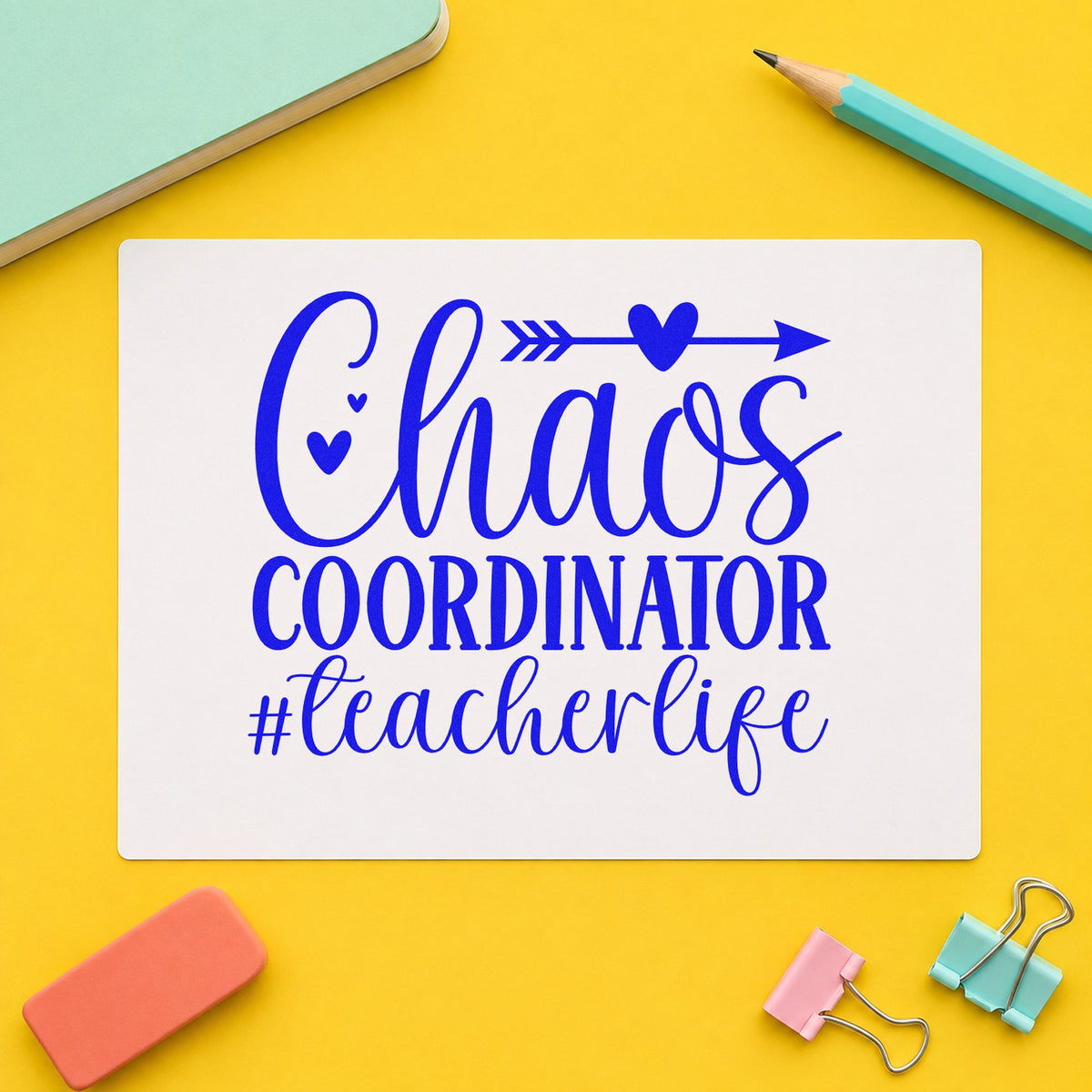 Chaos Coordinator Teacher Life craft stamp in blue ink on cardstock, an easy option for whistle strap panels.