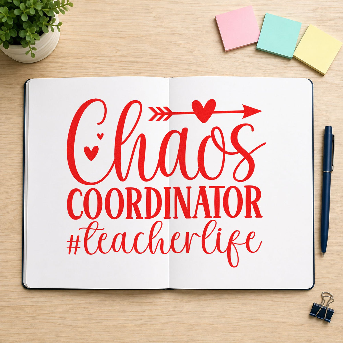 Chaos Coordinator Teacher Life rubber stamp shown in red ink, stamped for projects such as inspection week notes.