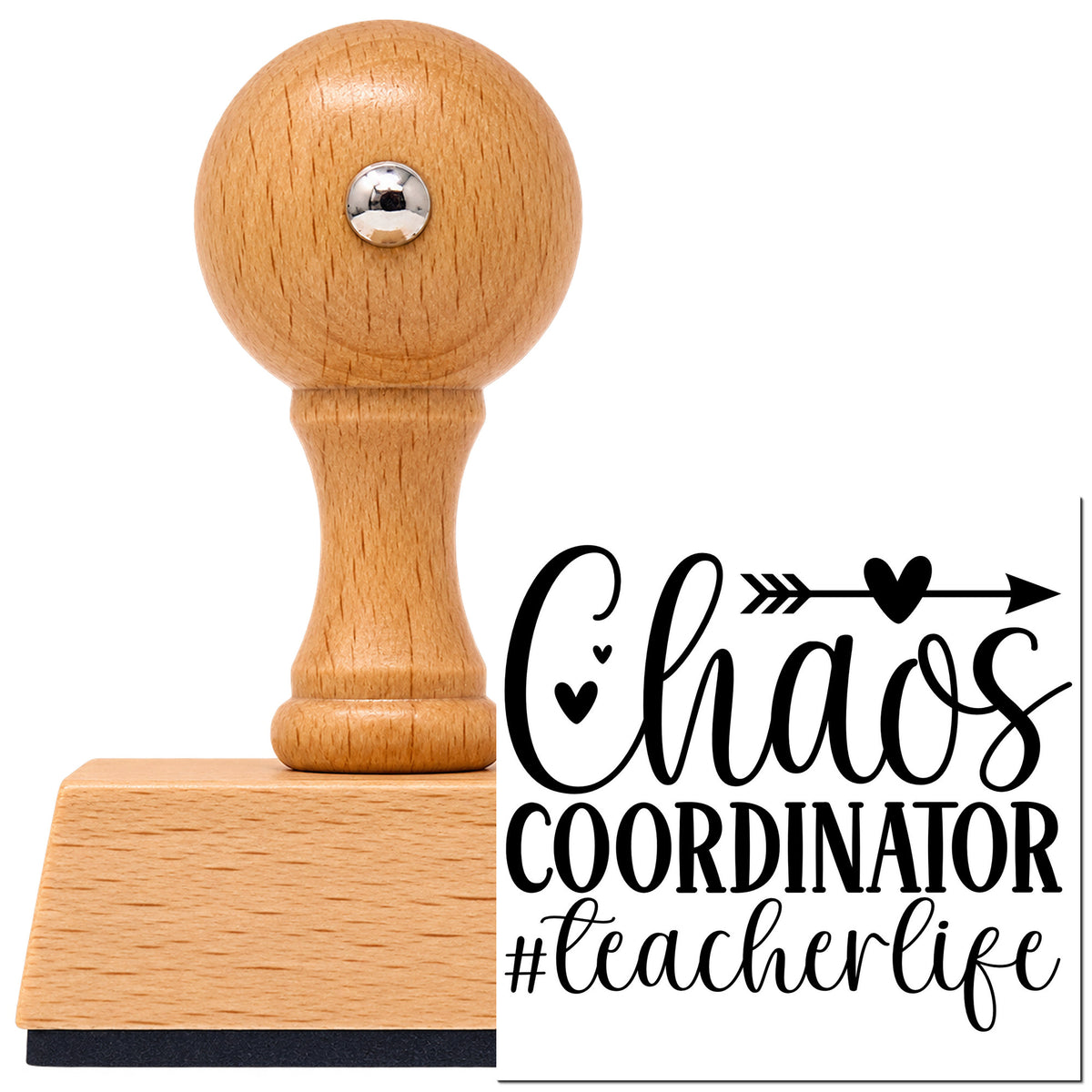 Chaos Coordinator Teacher Life Vintage Pro rubber stamp in European beech wood with a round knob handle, shown beside its black imprint.