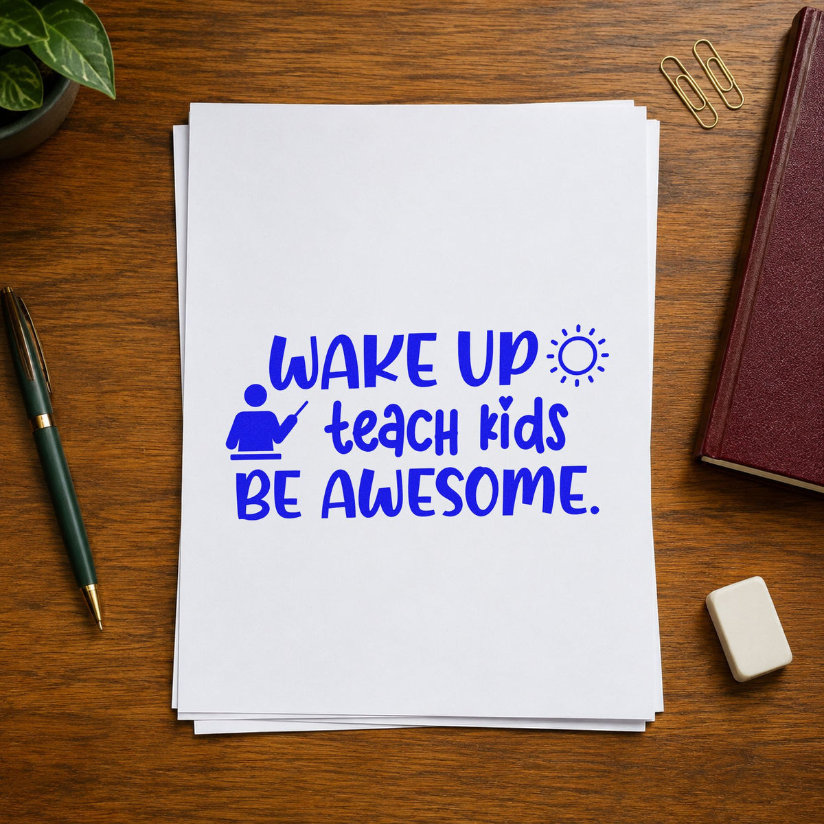 Wake Up Teach Kids Be Awesome Rubber Stamp – Duo Hand in use 5