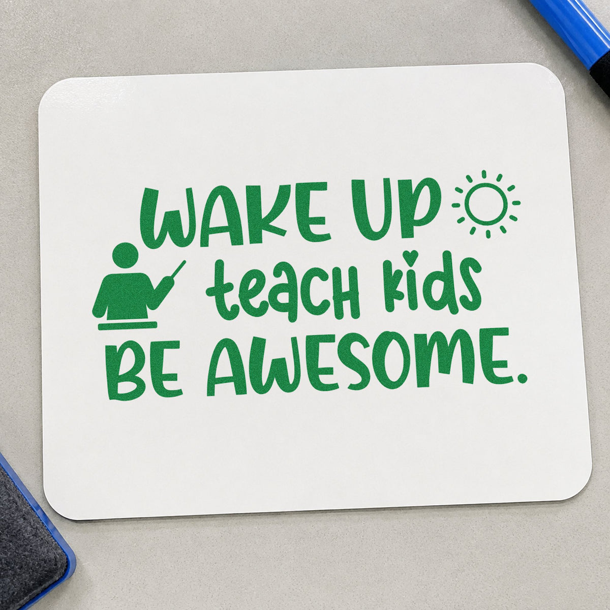 Wake Teach Be Awesome craft stamp imprint in green ink on a handmade project, one idea being framed hall sunrise.