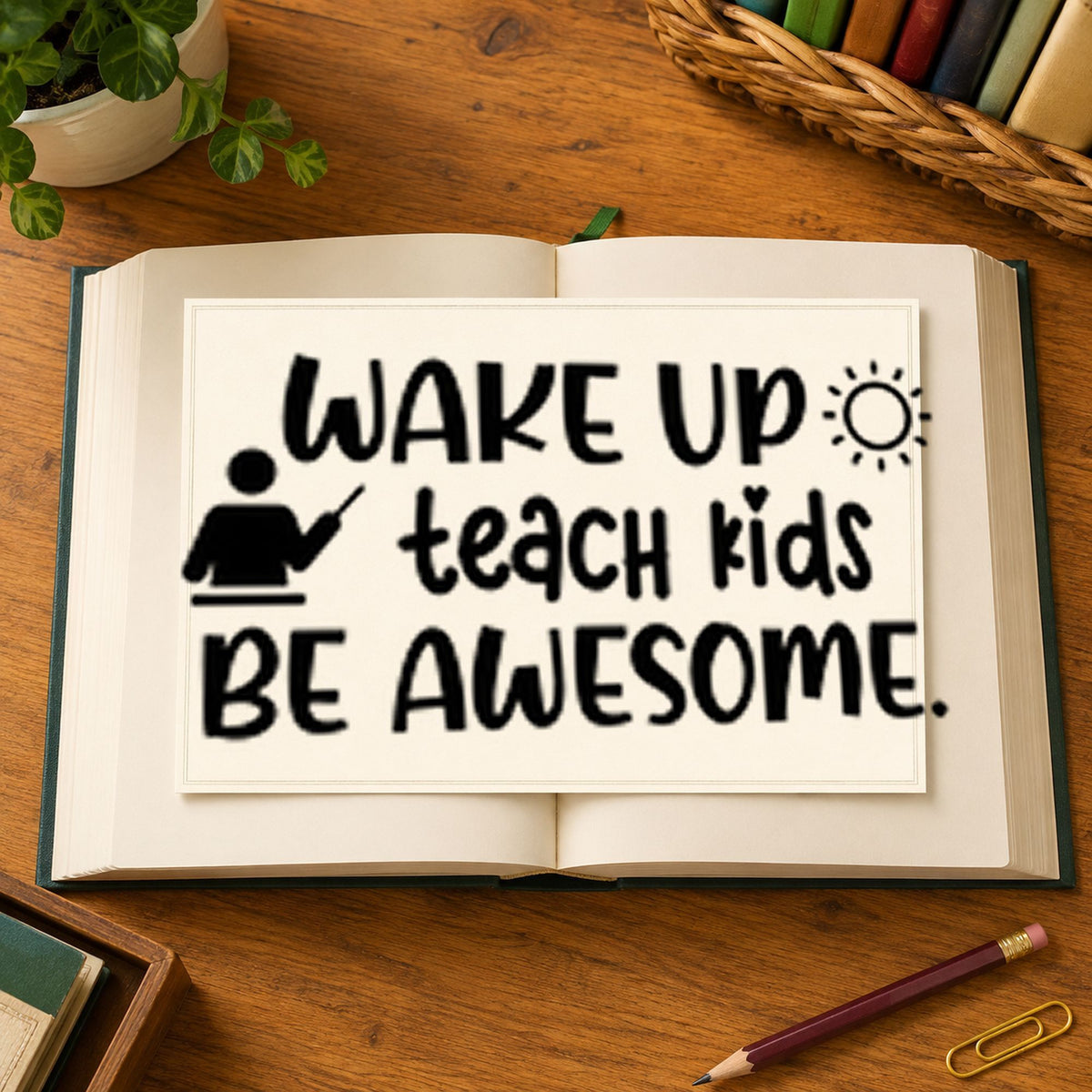 Wake Up Teach Kids Be Awesome Rubber Stamp – Duo Hand in use 9