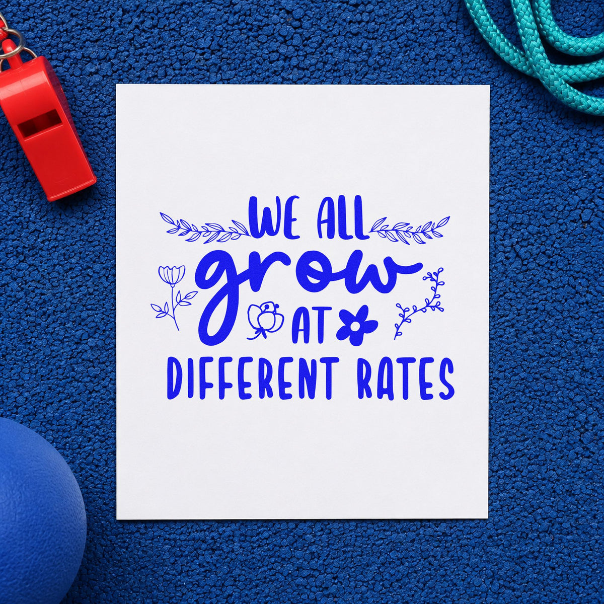 We Grow At Different Rates craft stamp imprinted in blue ink on paper, a design suited to review pack seals.