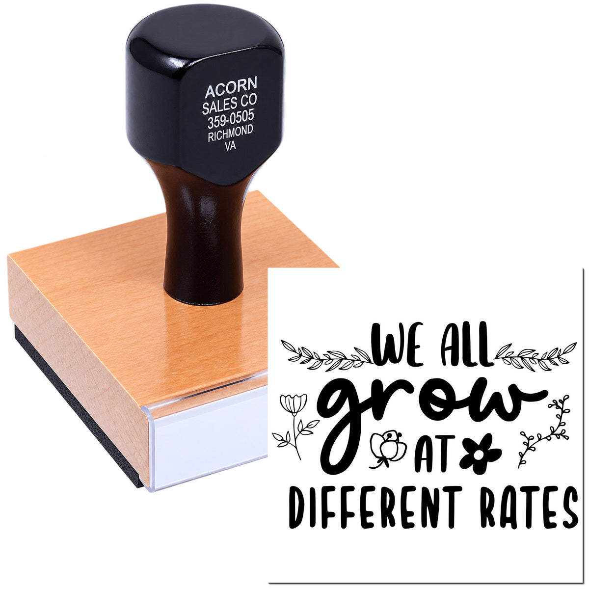 Custom rubber stamp with We All Grow at Different Rates floral design for teachers, classrooms, and encouragement notes.