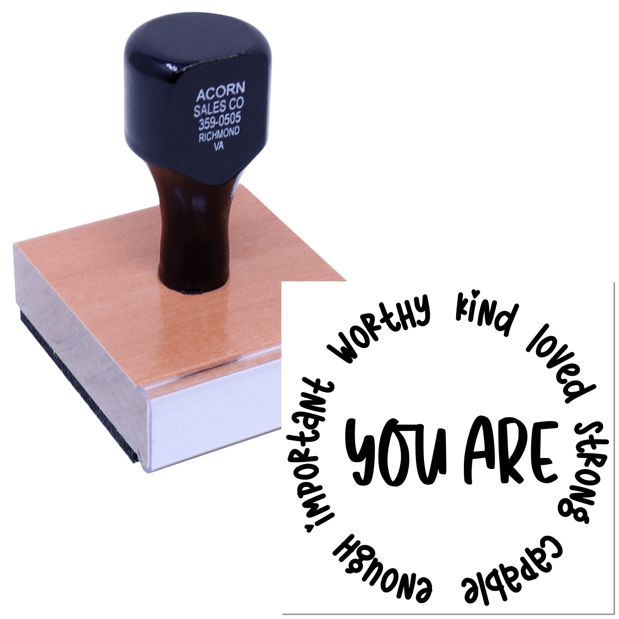 Custom wood handle rubber stamp for business branding, shown with a sample personalized imprint design for stationery and packaging.