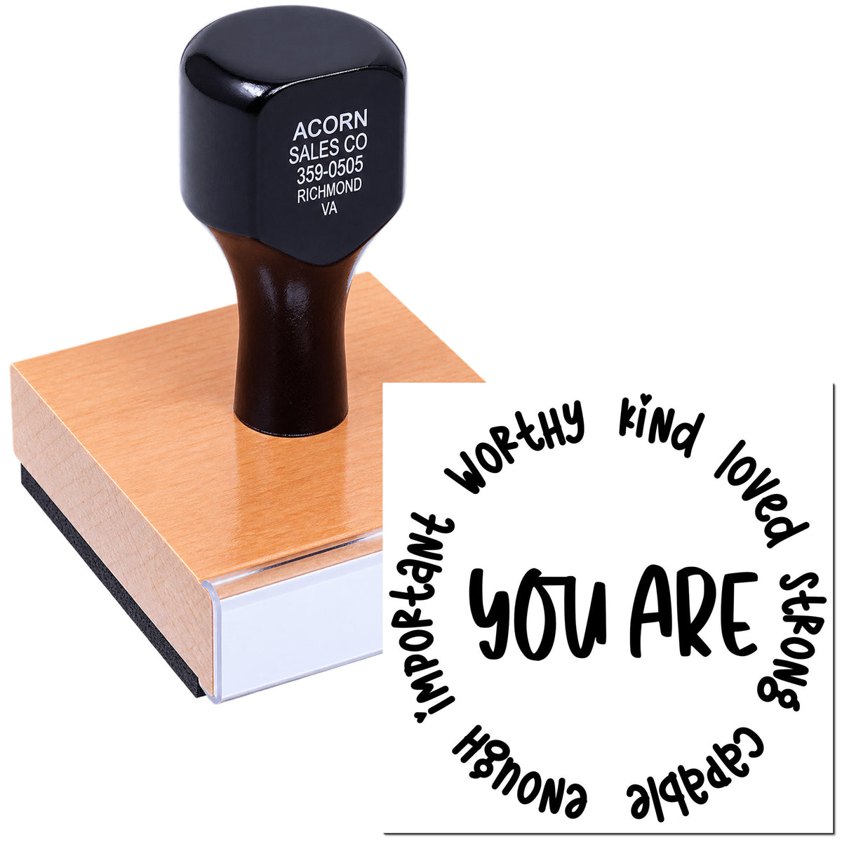 Custom wood handle rubber stamp for business branding, shown with a sample personalized imprint design for stationery and packaging.
