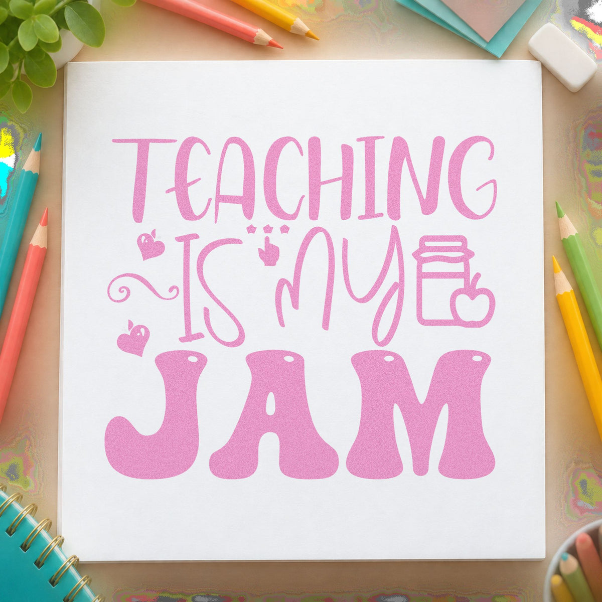 Teaching Is My Jam Icons craft stamp in purple ink on cardstock, an easy option for title swap tags.