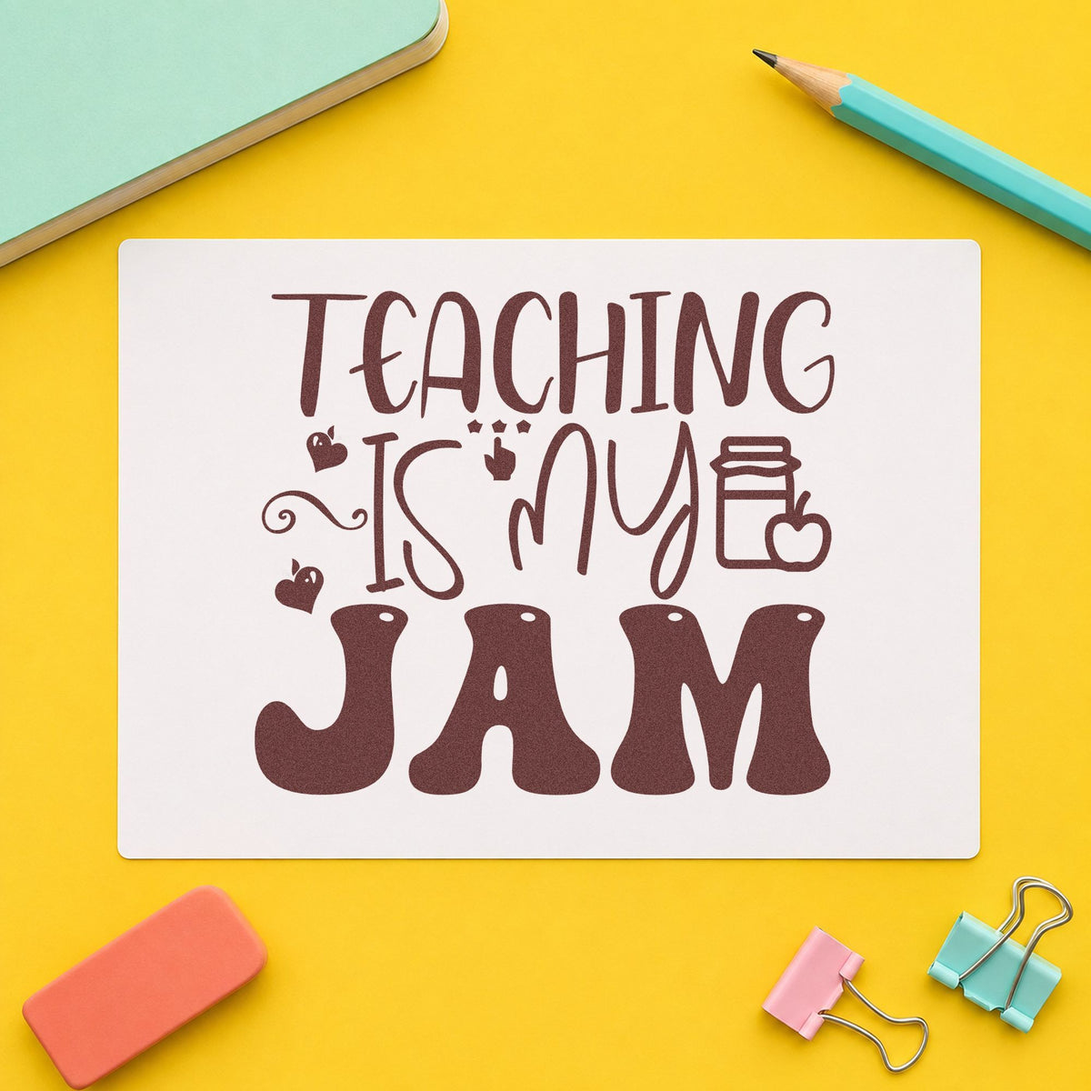 Teaching Is My Jam Icons rubber stamp printed in brown ink, ready for spine strip labels and similar paper crafts.