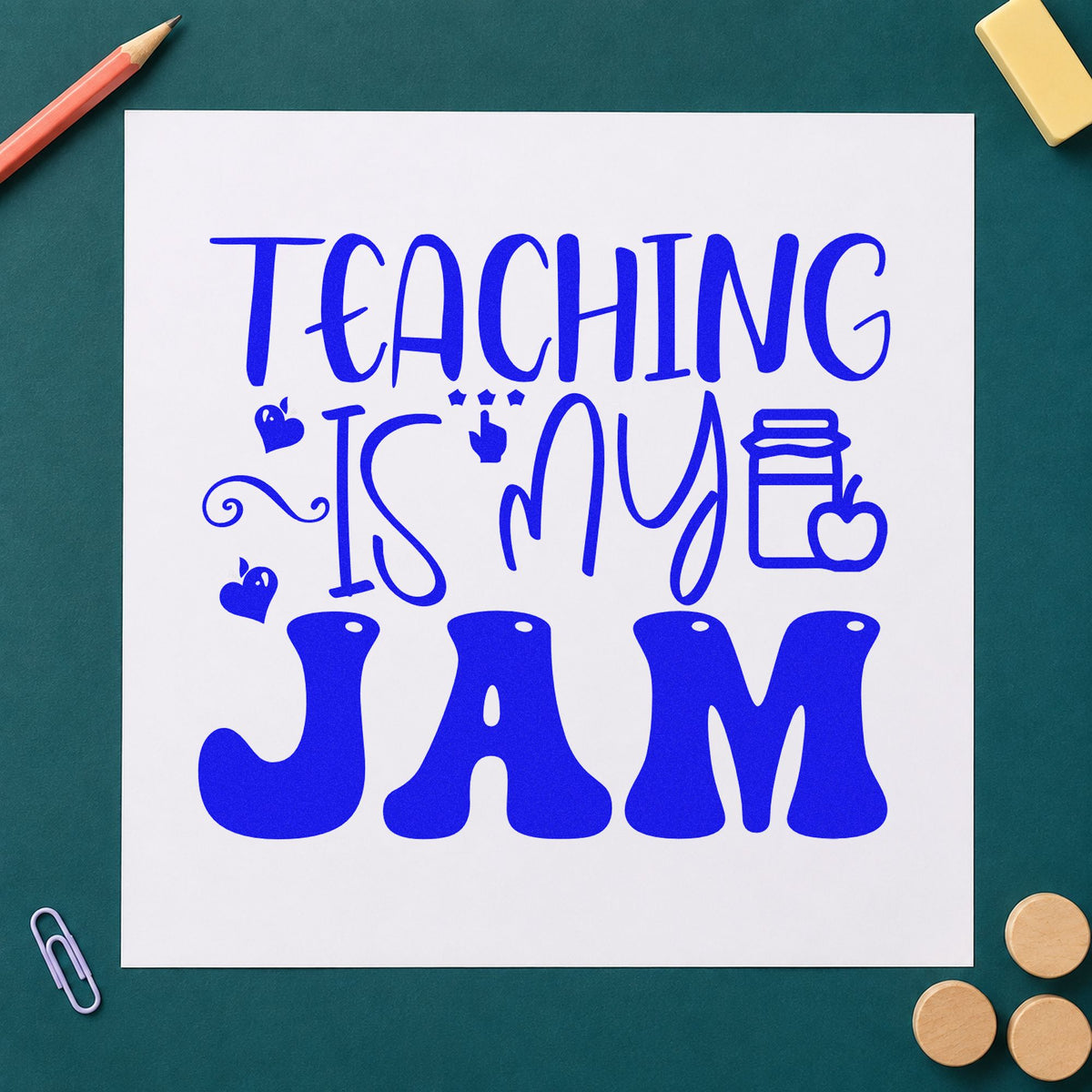 Teaching Is My Jam Icons craft stamp in blue ink on cardstock, an easy option for book sleeve panels.