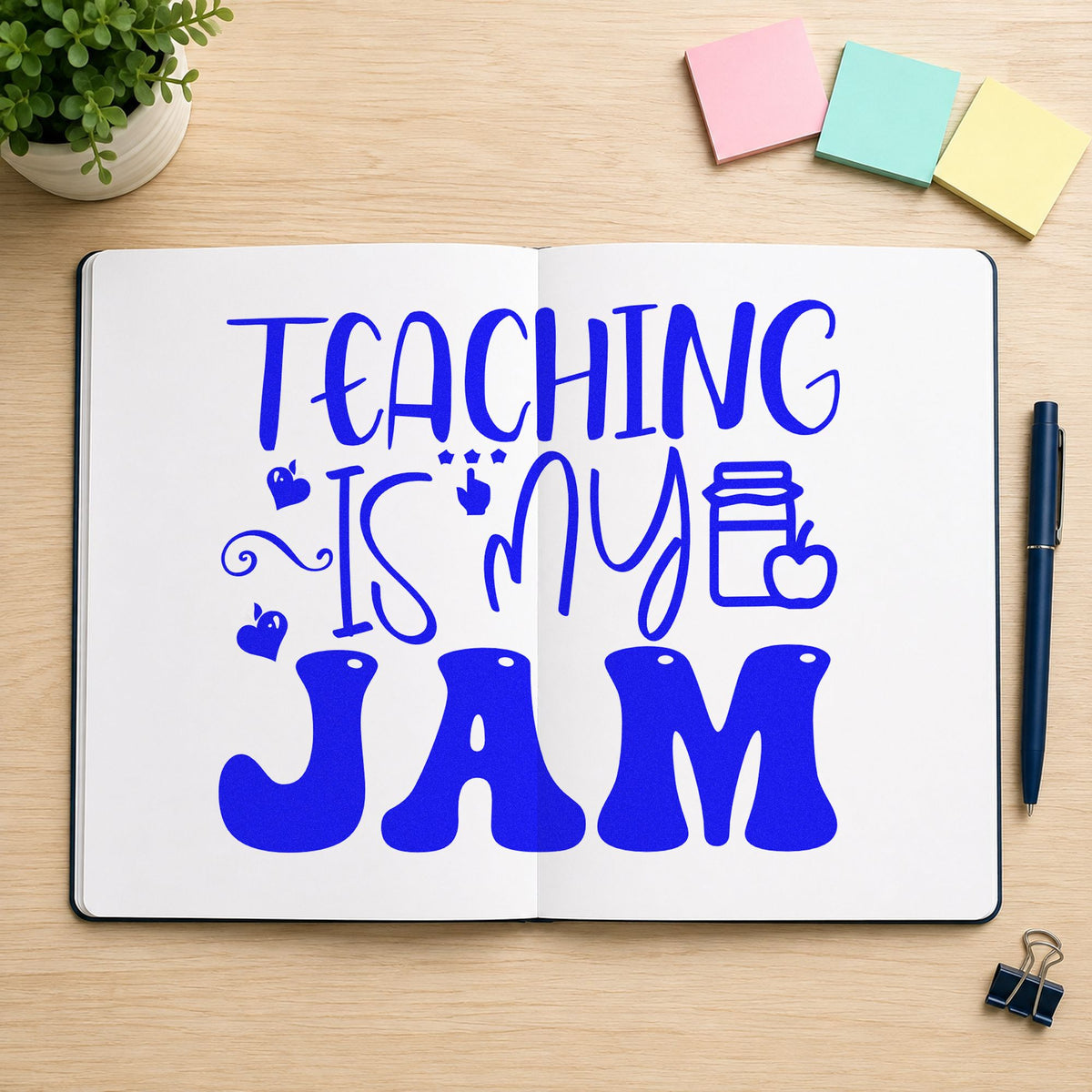 Teaching Is My Jam Icons craft stamp imprinted in blue ink on paper, a design suited to club pack seals.