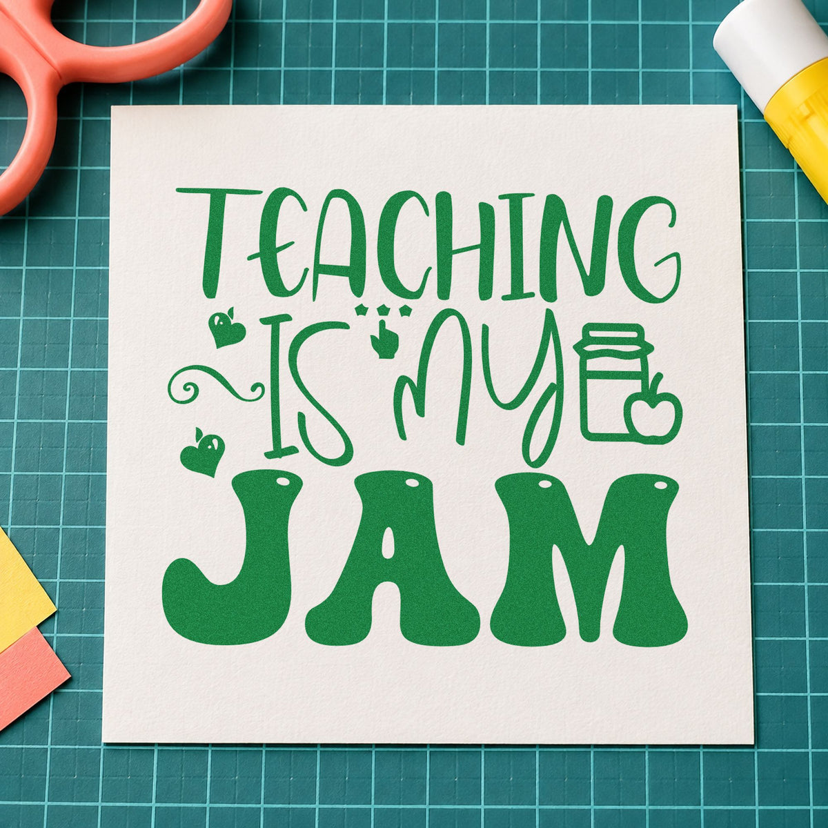 Teaching Is My Jam Icons craft stamp imprint in green ink on a handmade project, one idea being framed shelf corner.