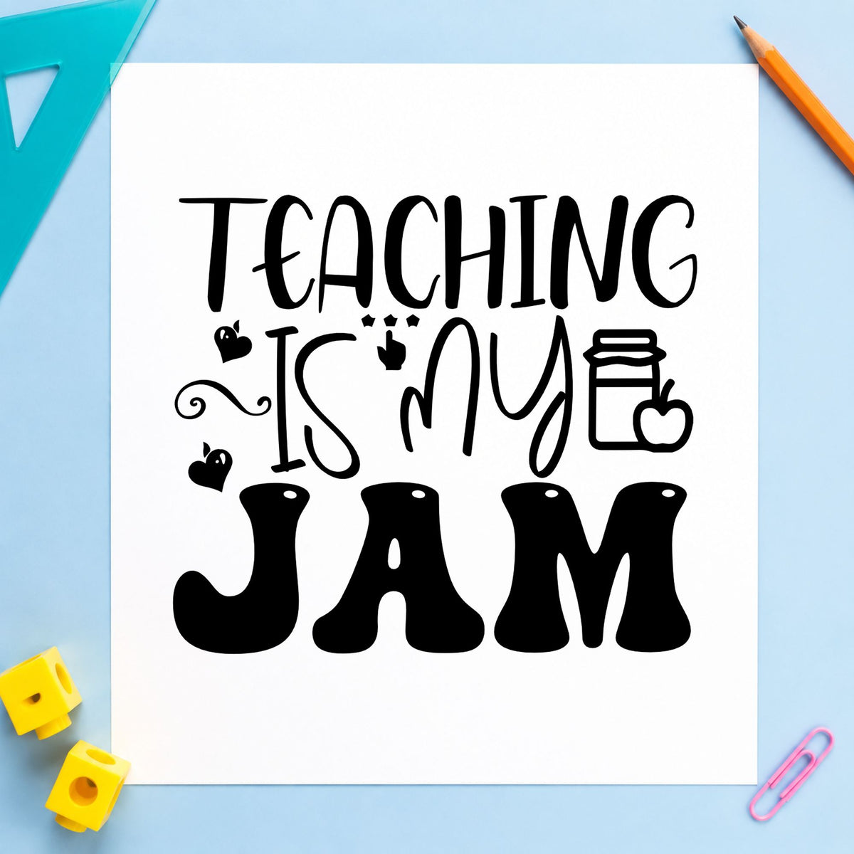 Teaching Is My Jam Icons rubber stamp printed in black ink, ready for stacked books cards and similar paper crafts.