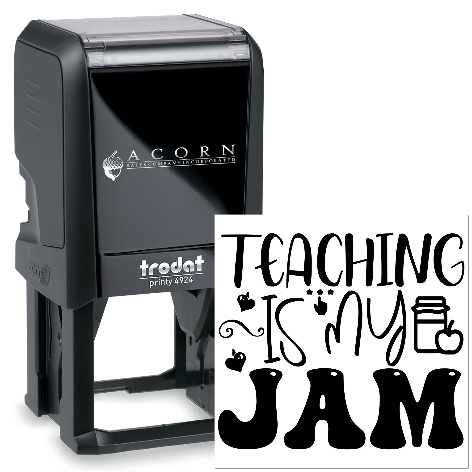 Trodat Printy 4924 self-inking rubber stamp with custom Teaching Is My Jam teacher design.