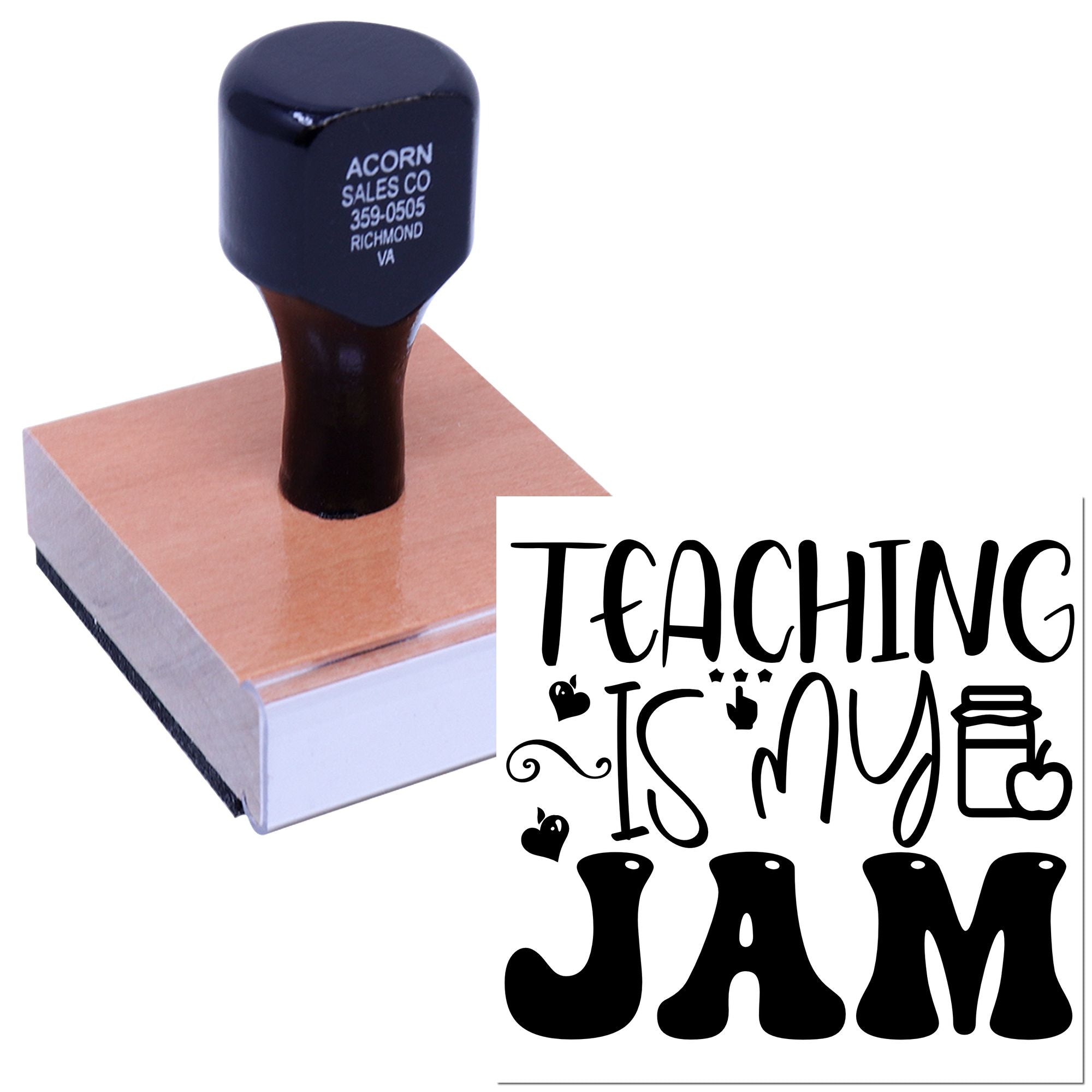 Custom rubber stamp for teachers with Teaching Is My Jam design, ideal for classroom grading and motivational marking.