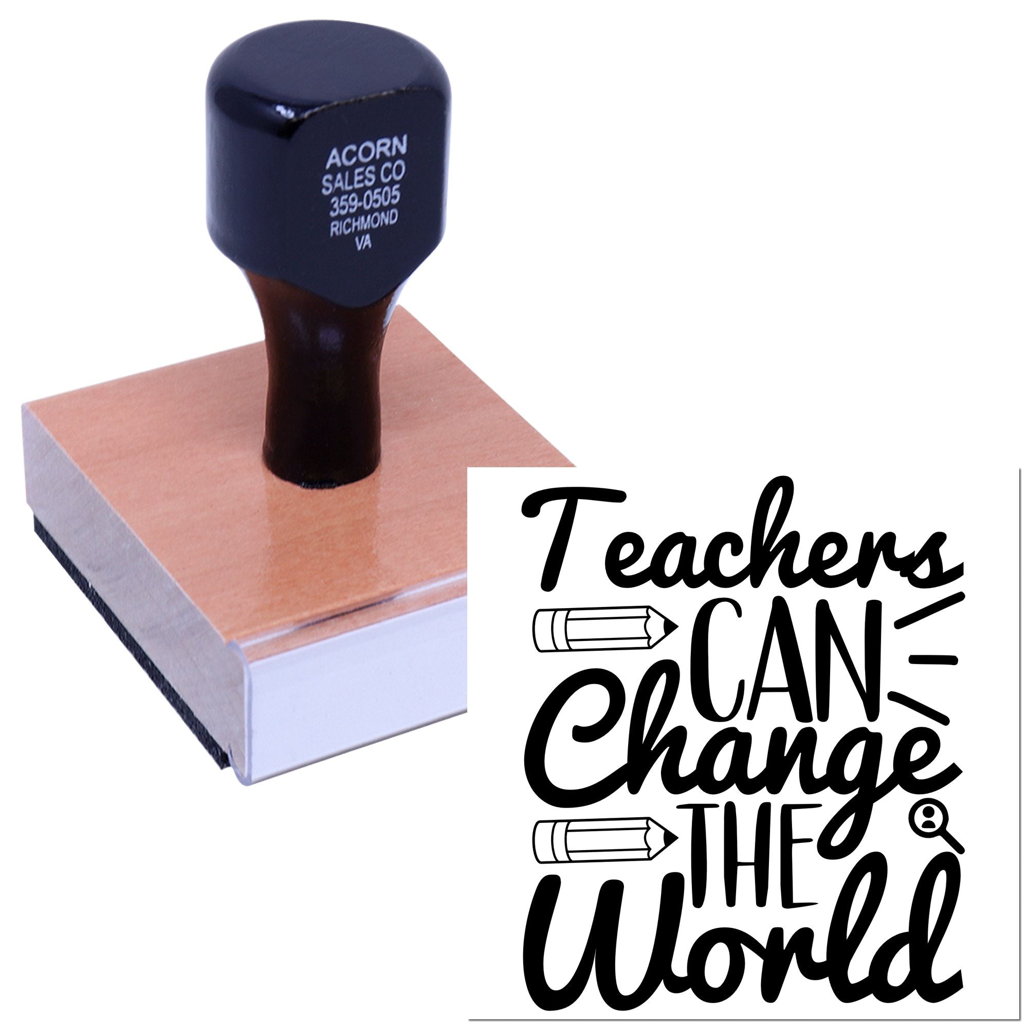 Custom teacher rubber stamp with Teachers Can Change the World design for classroom use and school projects.