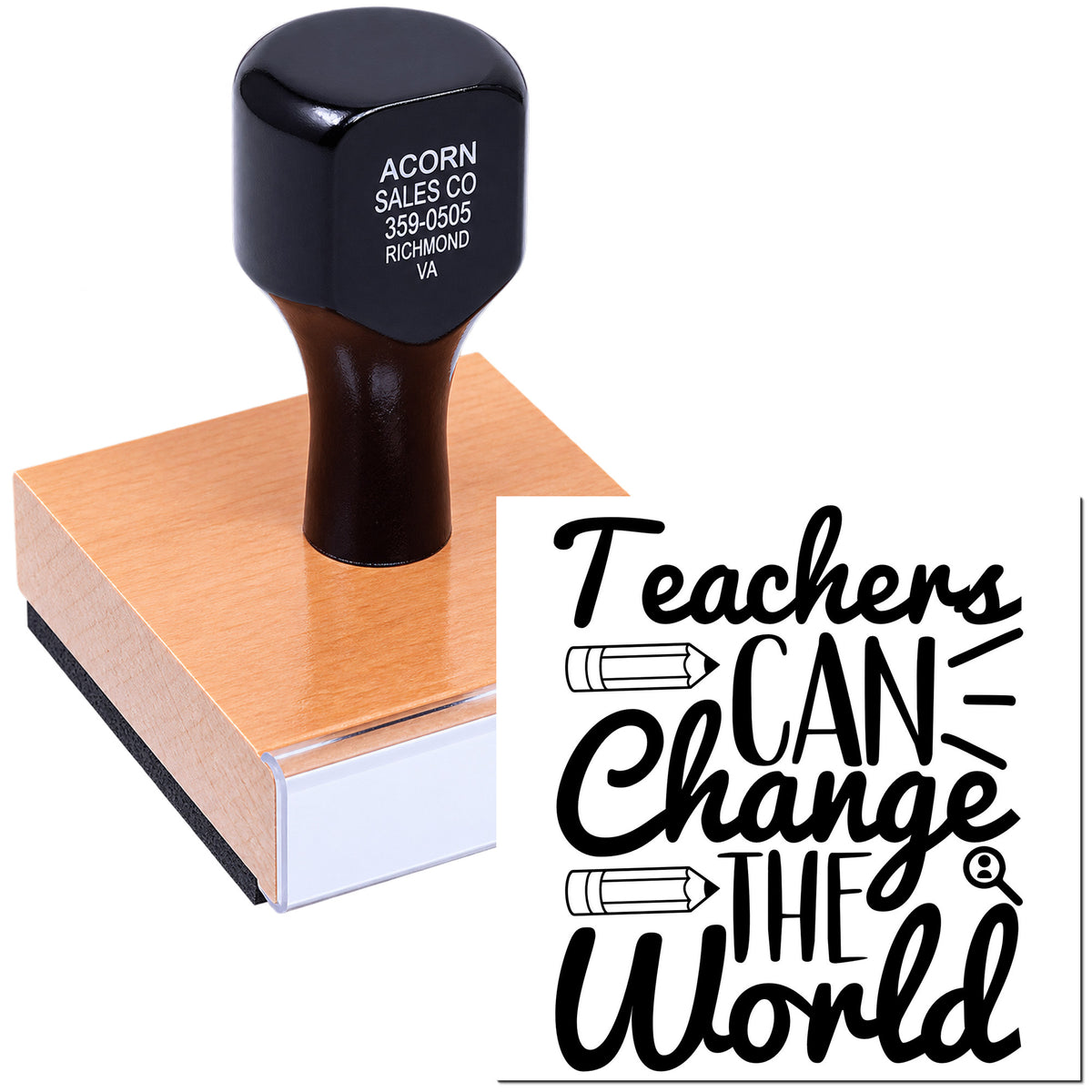 Custom teacher rubber stamp with Teachers Can Change the World design for classroom use and school projects.