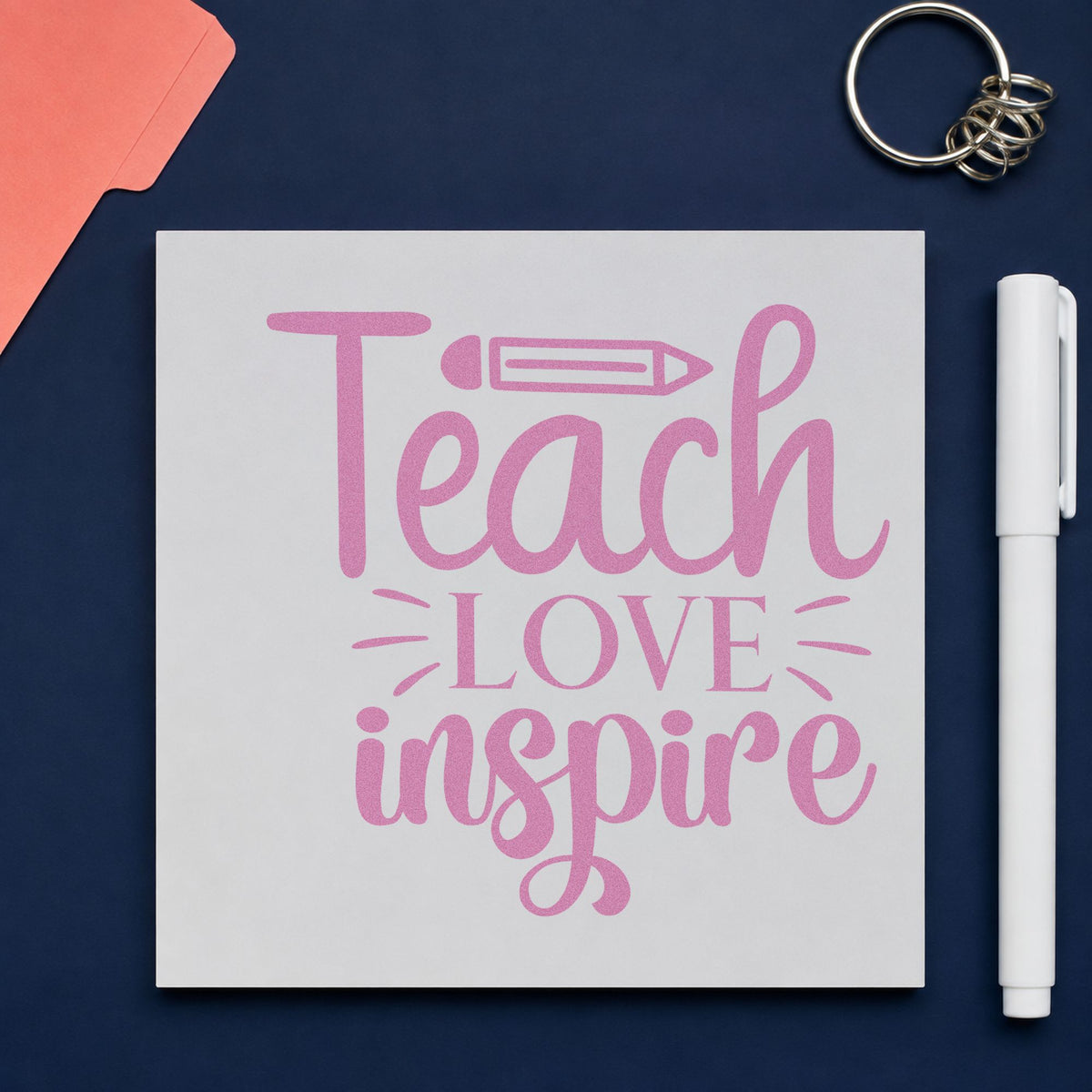 Teach Love Inspire Pencil craft stamp in purple ink on cardstock, an easy option for pen gift tags.