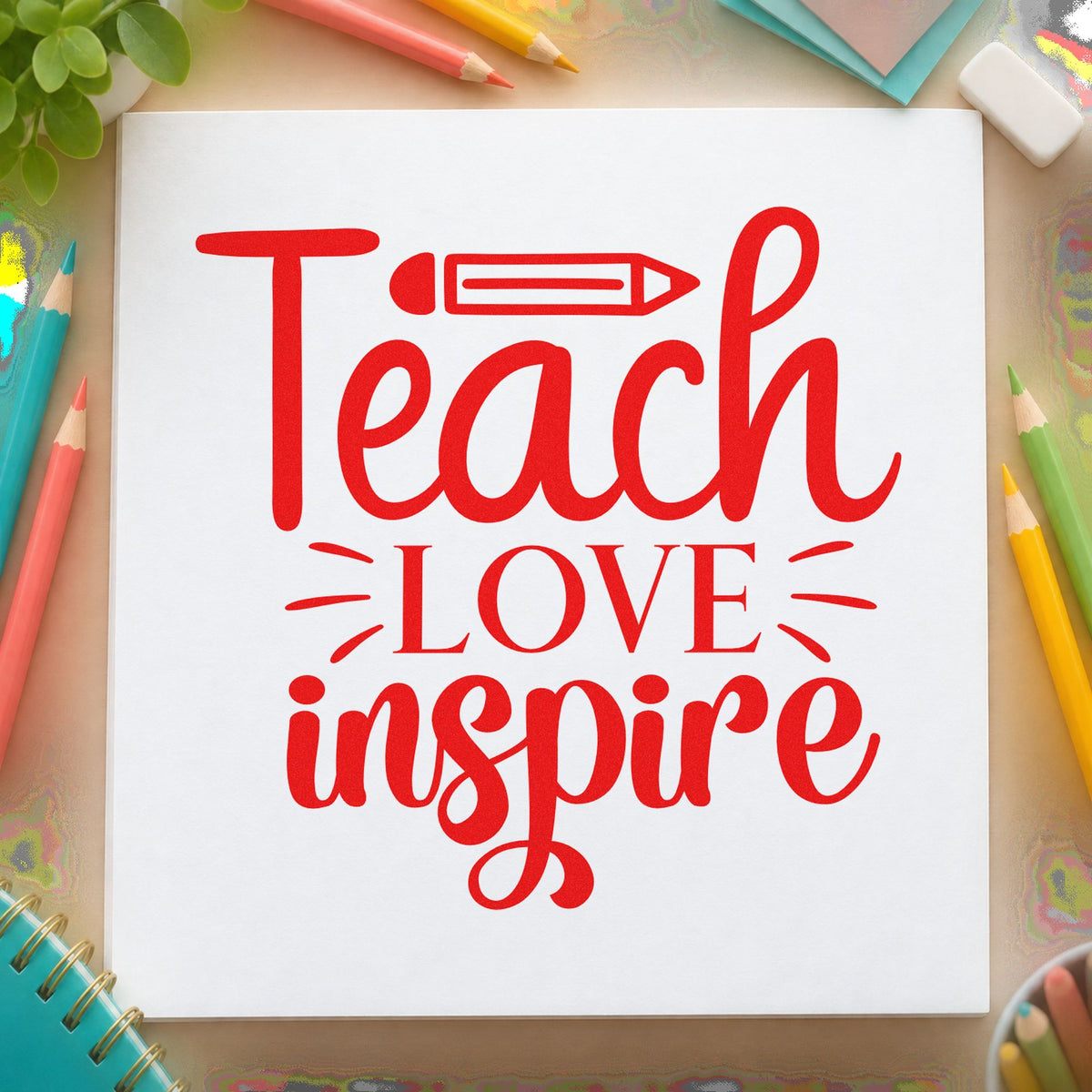 Teach Love Inspire Pencil rubber stamp shown in red ink, stamped for projects such as calligraphy notes.