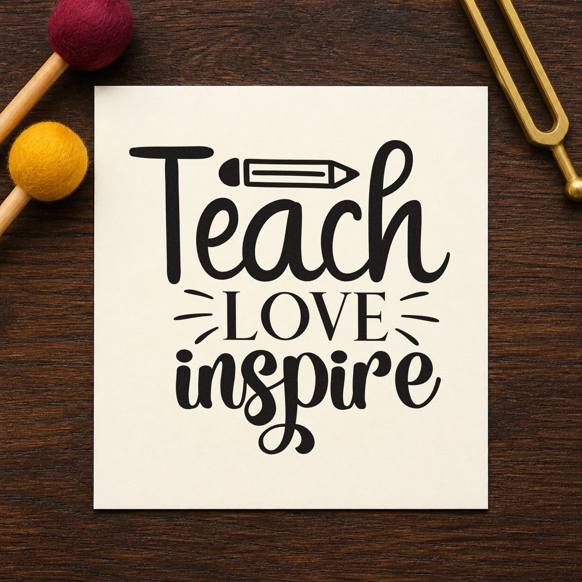 Teach Love Inspire Pencil rubber stamp printed in black ink, ready for pencil strokes cards and similar paper crafts.