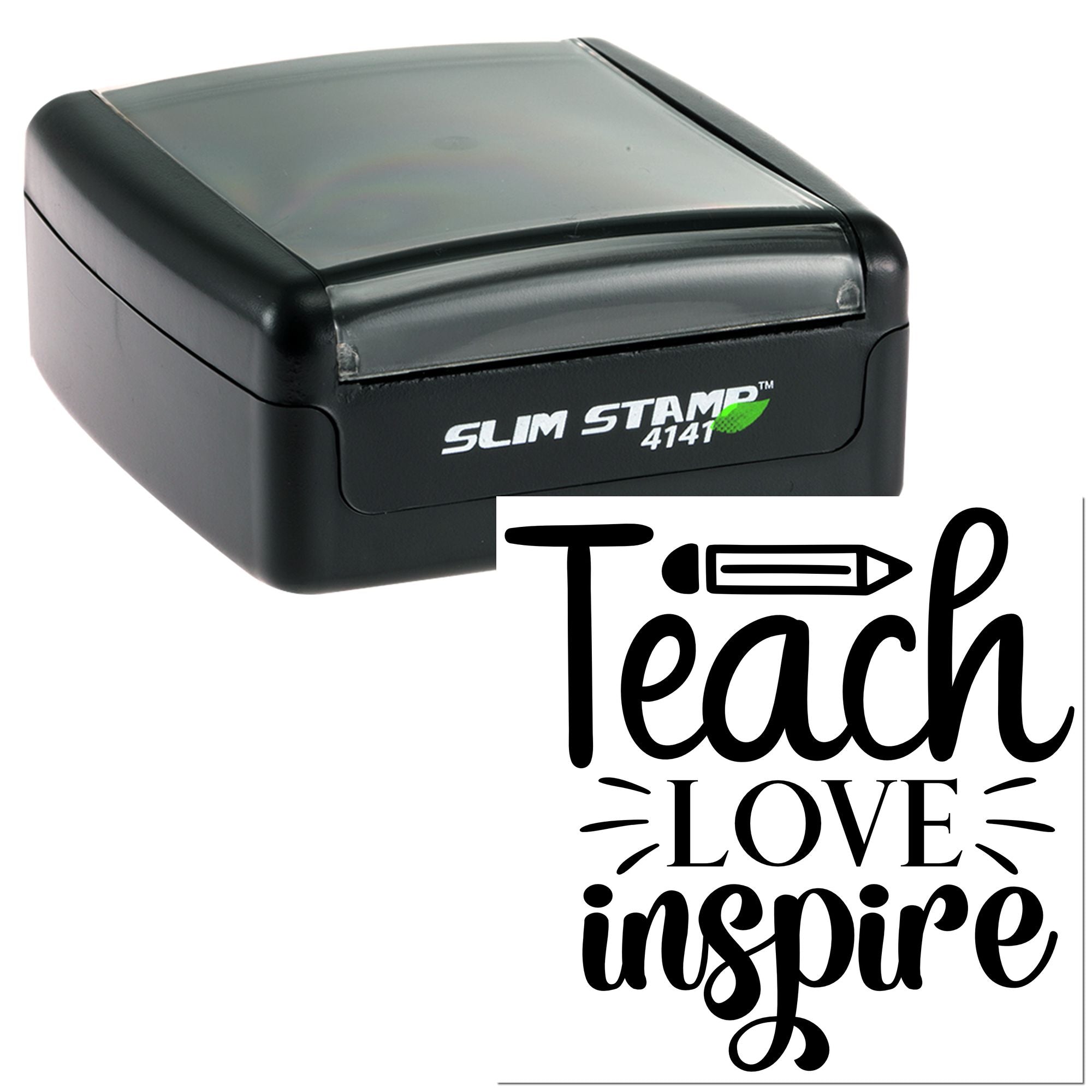 Slim self-inking rubber stamp with Teach Love Inspire design for teacher gifts, classroom use, and custom craft stamping.