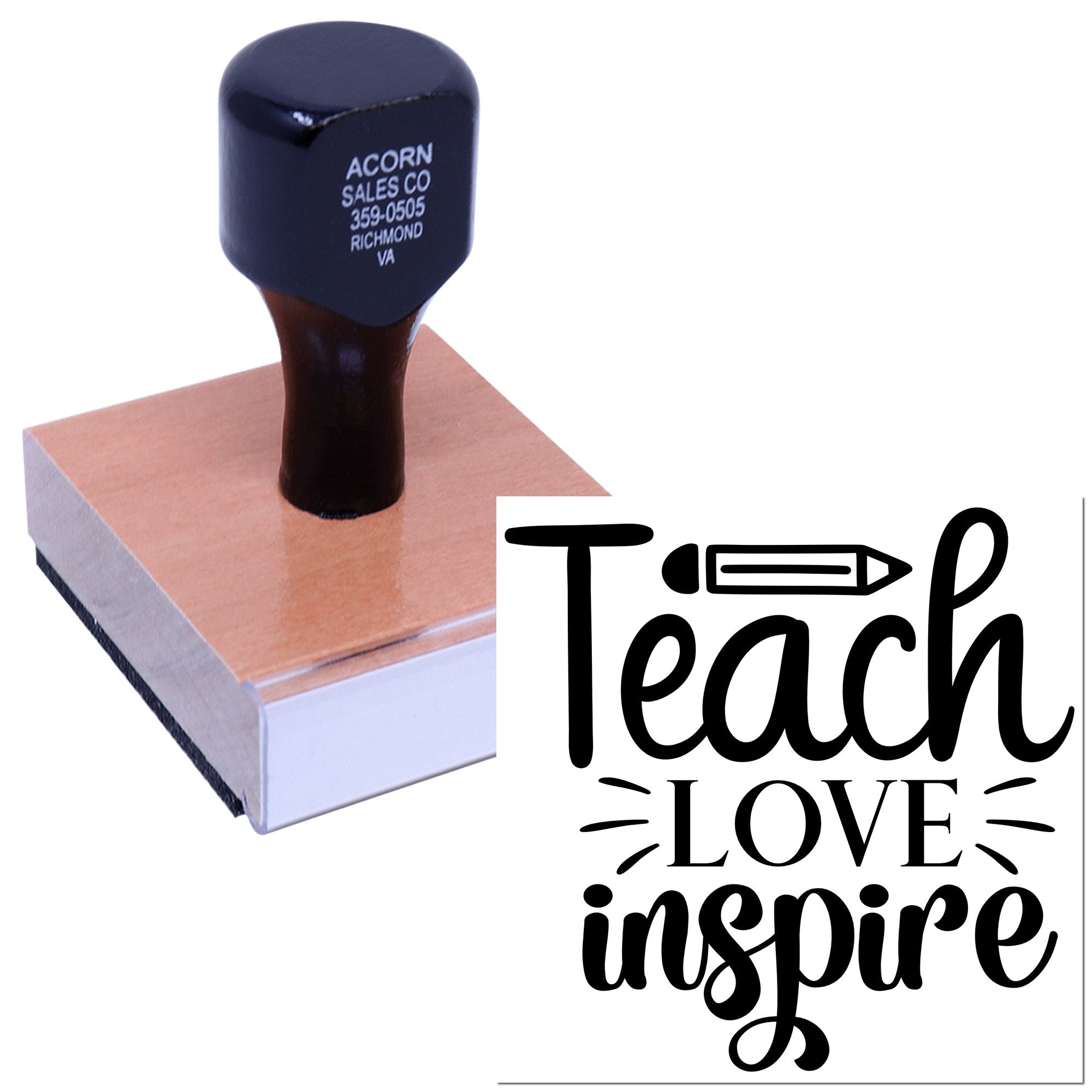 Custom Teach Love Inspire rubber stamp for teacher appreciation projects, classroom crafts, and gifts