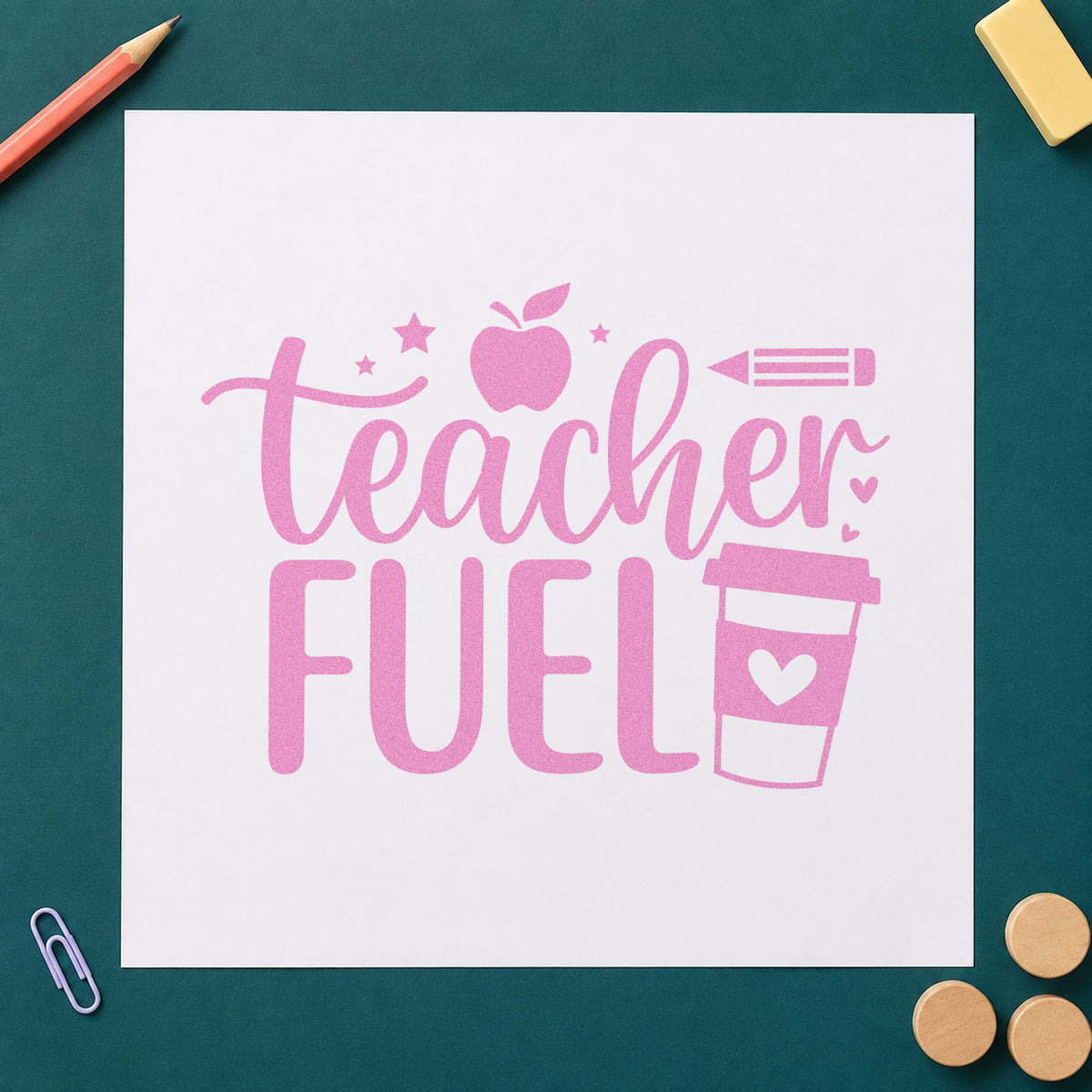 Teacher Fuel Coffee Cup craft stamp in purple ink on cardstock, an easy option for hamper item tags.