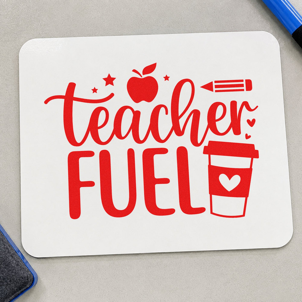 Teacher Fuel Coffee Cup rubber stamp shown in red ink, stamped for projects such as long term notes.
