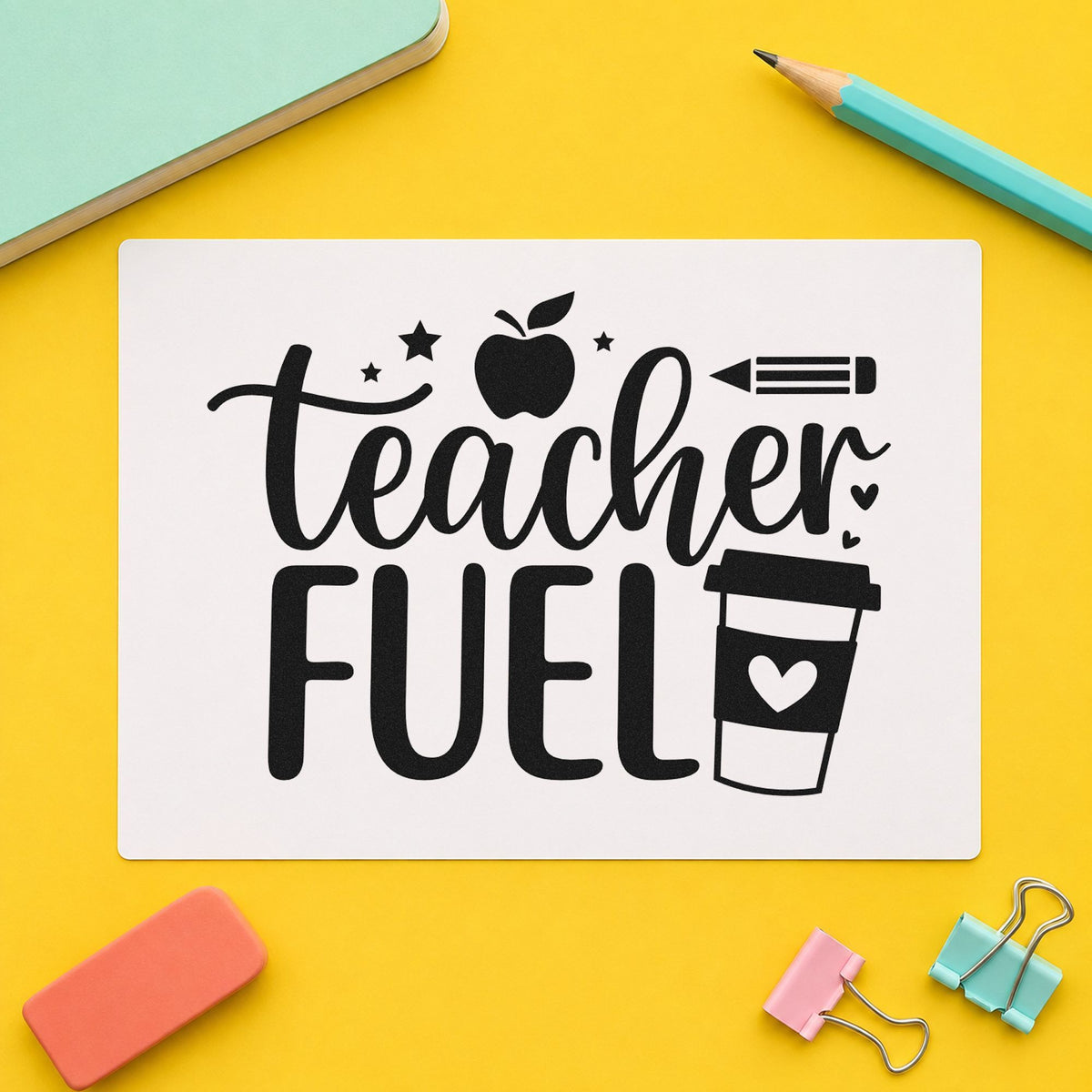 Teacher Fuel Coffee Cup rubber stamp printed in black ink, ready for teacher fuel cards and similar paper crafts.