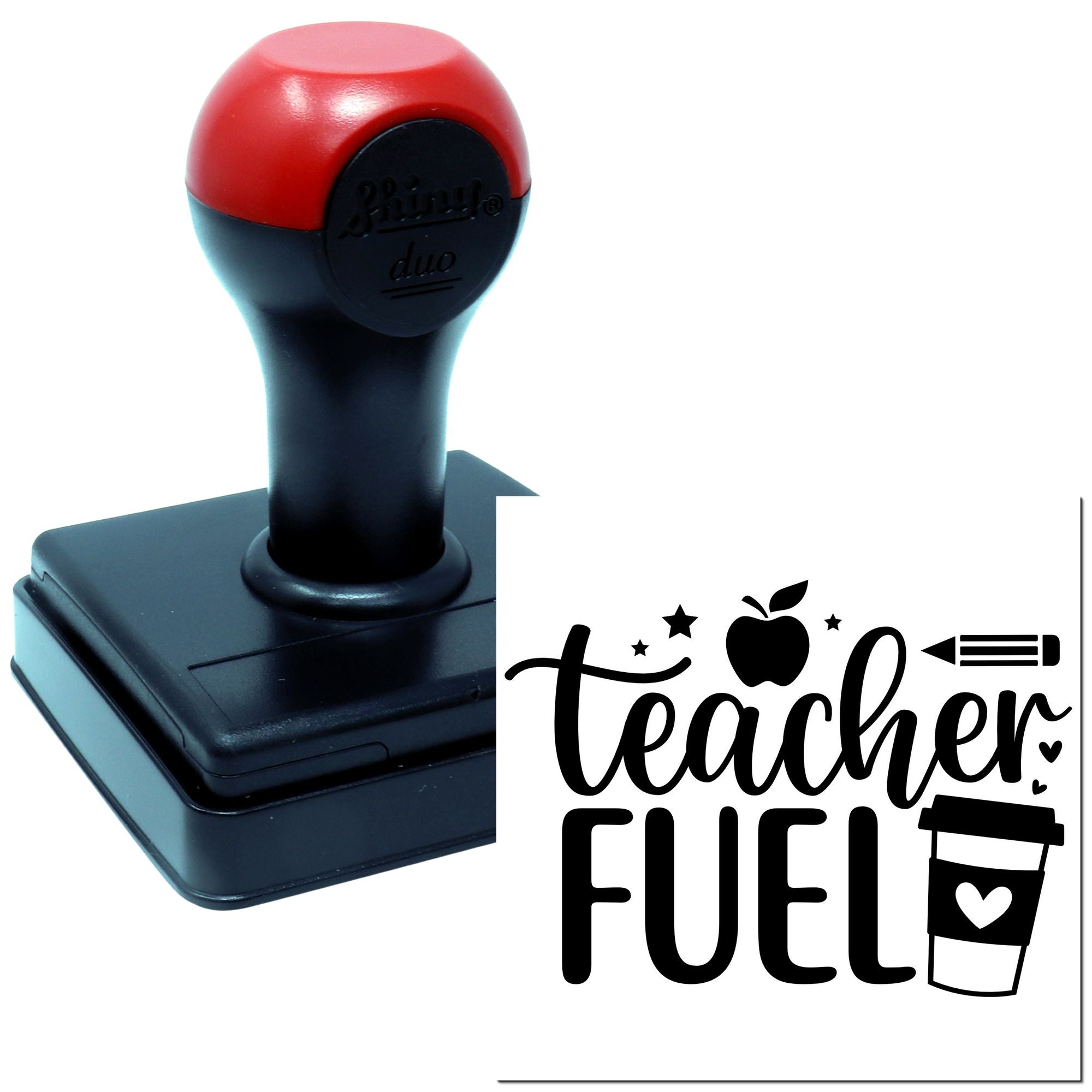 Teacher Fuel self-inking rubber stamp with custom teacher appreciation design for classroom supplies.