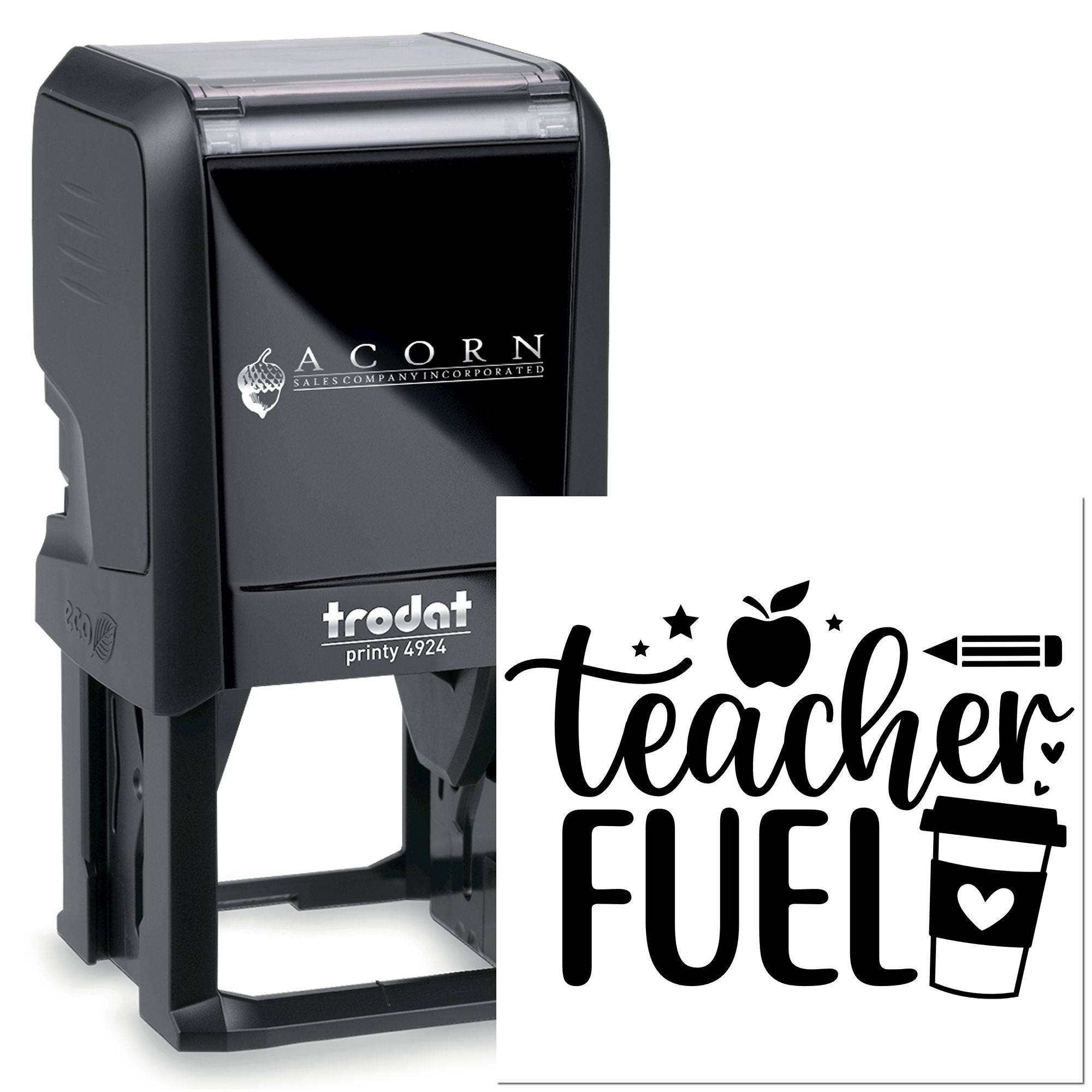 Self-inking Teacher Fuel rubber stamp for classroom rewards, grading, and teacher appreciation with coffee cup design.