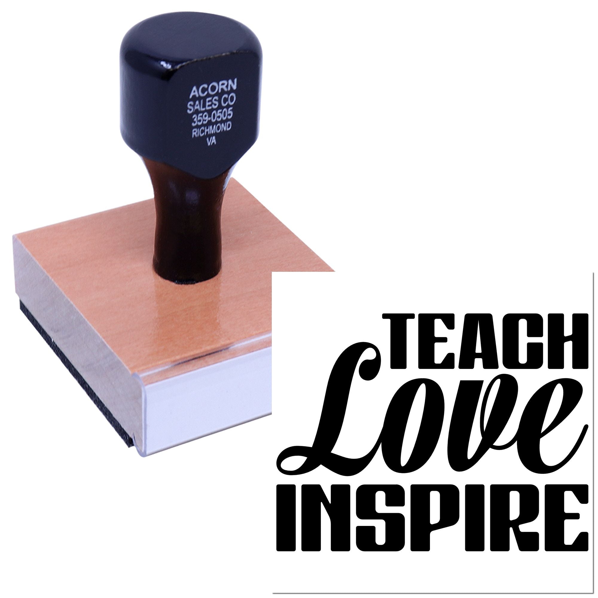Custom teacher rubber stamp with wood handle and Teach Love Inspire design for classroom, crafts, and school branding.