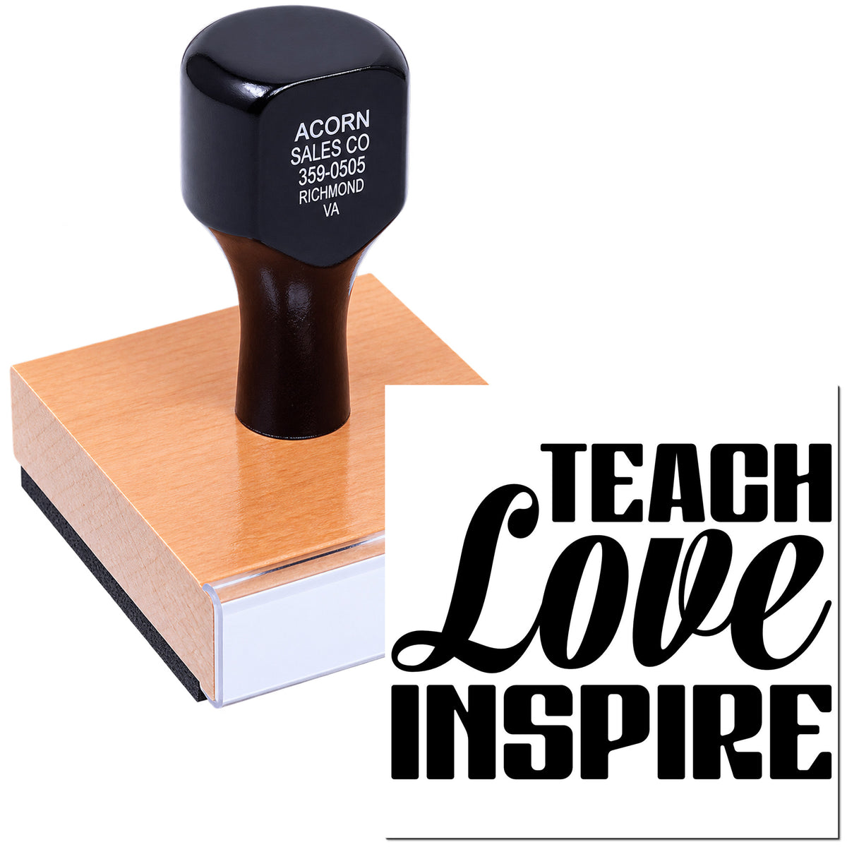 Custom teacher rubber stamp with wood handle and Teach Love Inspire design for classroom, crafts, and school branding.